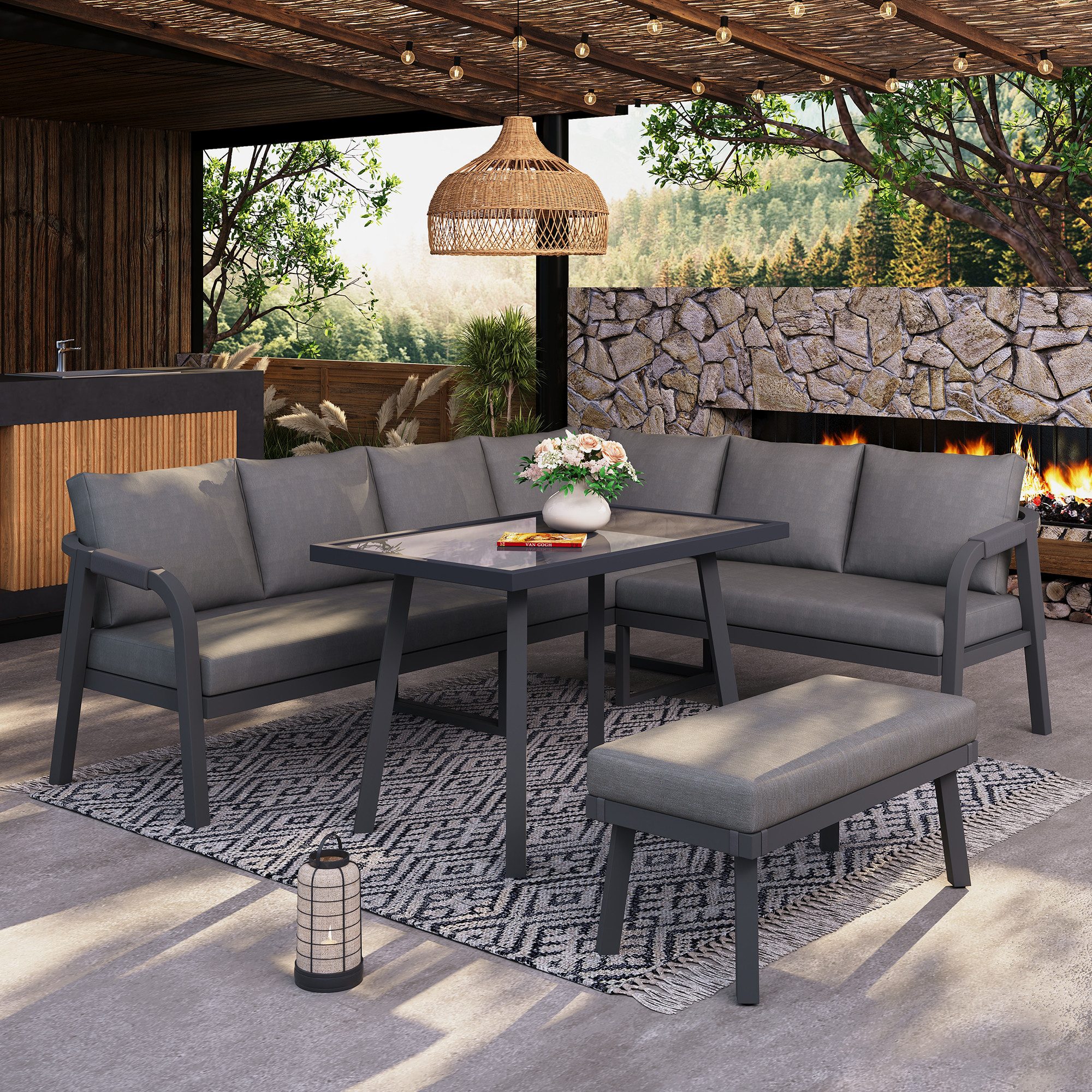 Ulife Garten-Essgruppe Gartenmöbel-Set, Geflochtene Arm- und Rückenlehnen, (3-tlg., Beinhaltet ein Ecksofa, einen Esstisch und eine Bank), Bietet Platz für bis zu 8 Personen, verzinkte Stahlrohre