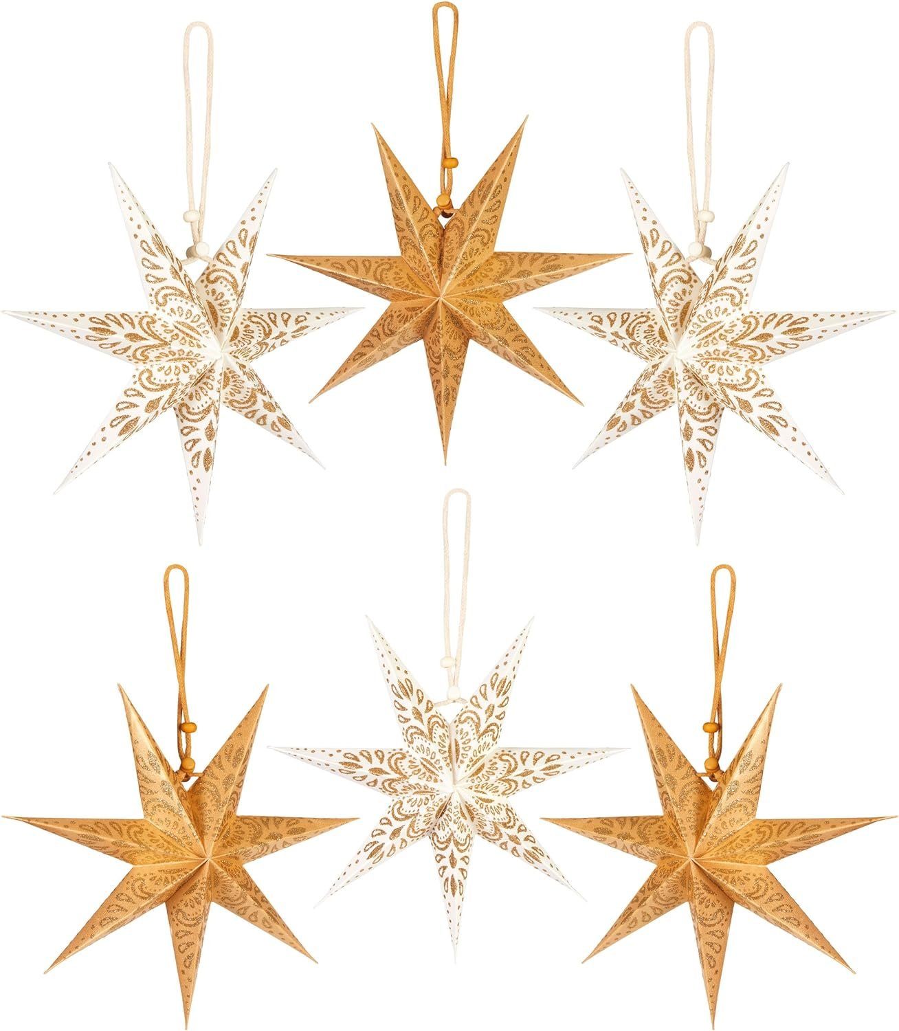BRUBAKER Papiersterne 6 Weihnachtssterne - 20 cm Faltsterne Weihnachten - Papier Sterne, Großer Christbaumschmuck für Weihnachtsbaum und Fenster Dekoration Gold und Weiß