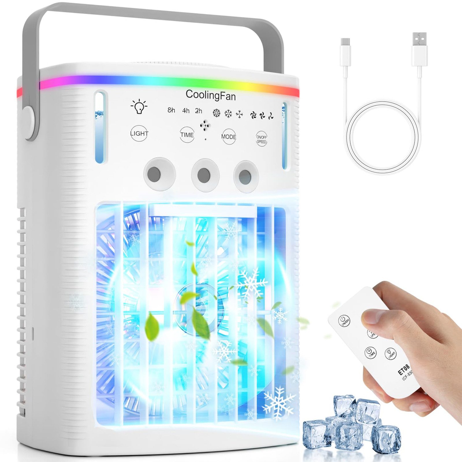 MOPUEA Ventilatorkombigerät Luftkühler Ventilator 4in1 Klimaanlage mit Fernbedienung Timer 2–8 h, Standventilator Tischklimagerät LED-Licht mit Wasserkühlung