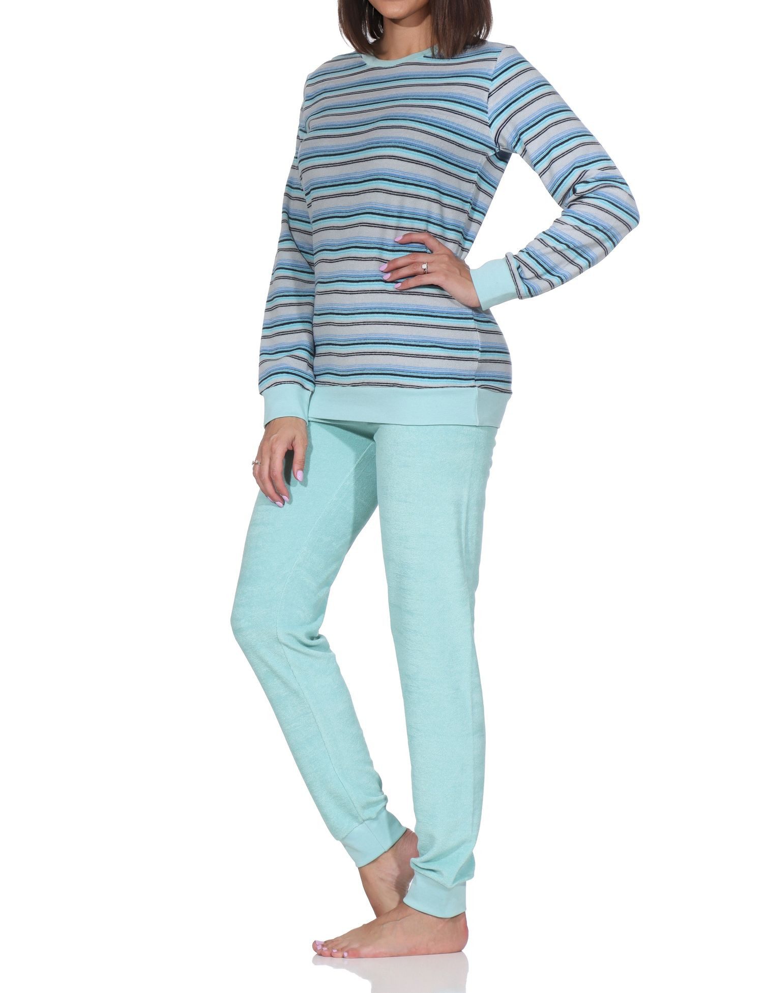 Normann Pyjama Damen Frottee Schlafanzug mit Bündchen in elegantem Streifendesign – Bild 2 von 5