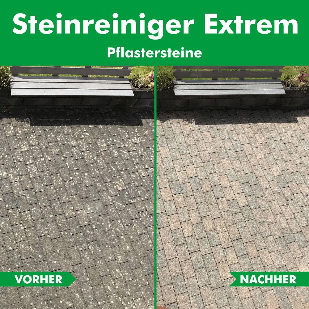 außen Grünbelagentferner (Entfernt sofort Extrem, Extrem Steinreiniger ABACUS [- Flechten, Sofortwirkung) 2x1000ml Intensiv Steinreiniger mit Grünbelag und Steinreiniger Algen, Flechtenentferner, Schmutz,