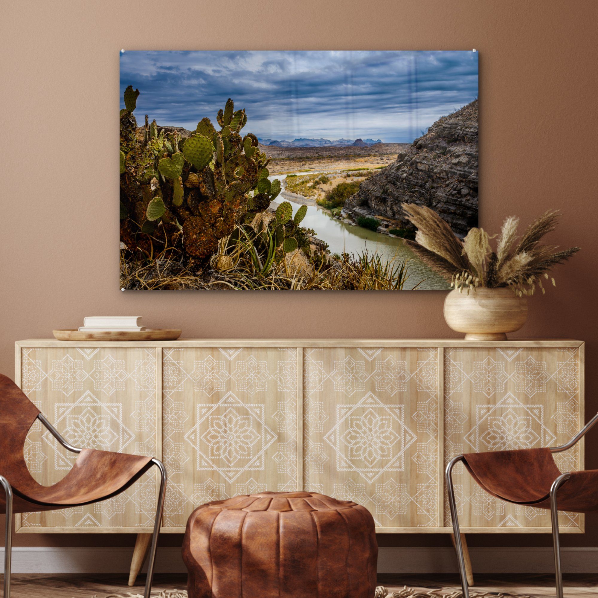 Acrylglasbilder MuchoWow Kaktus unter einem (1 im St), Wohnzimmer und Ein Big Himmel Acrylglasbild Bend, imposanten & Fluss Schlafzimmer ein