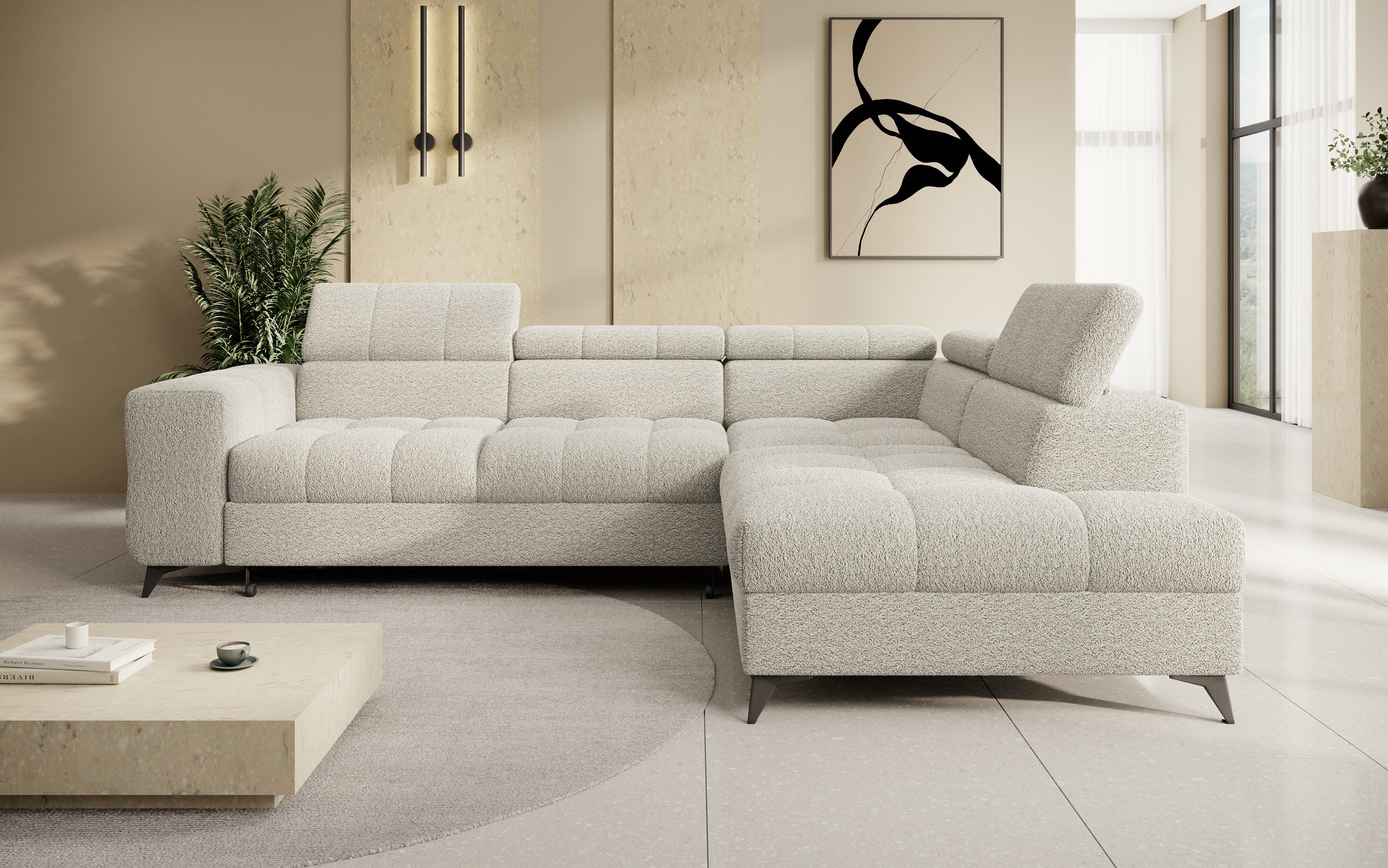 thematys Ecksofa SORANO mit Schlaffunktion & Bettkasten – L-Form, Bouclé und Velours, - mit verstellbaren Kopfstützen, – L-Form 270×203 cm – Schlafsofa mit Auszug, – L-Form 270×203 cm – Schlafsofa mit Auszug