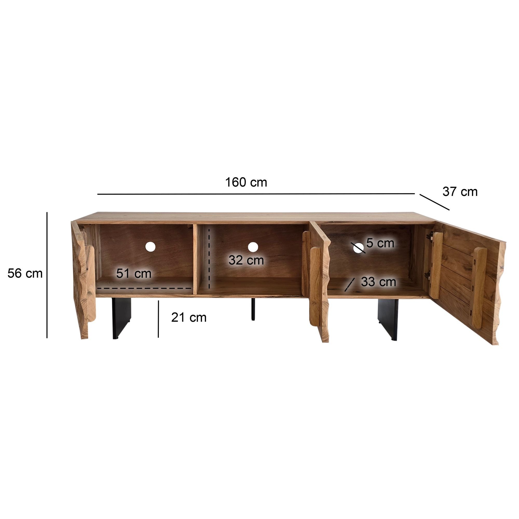 FINEBUY Lowboard FB110656 TV Schrank 160 cm Holz Massiv Fernsehkommode Fernsehschrank (drei Türen 3D-Optik, 160 cm, Akazie Massivholz), TV-Schrank Modern Fernsehtisch, TV-Kommode Hoch