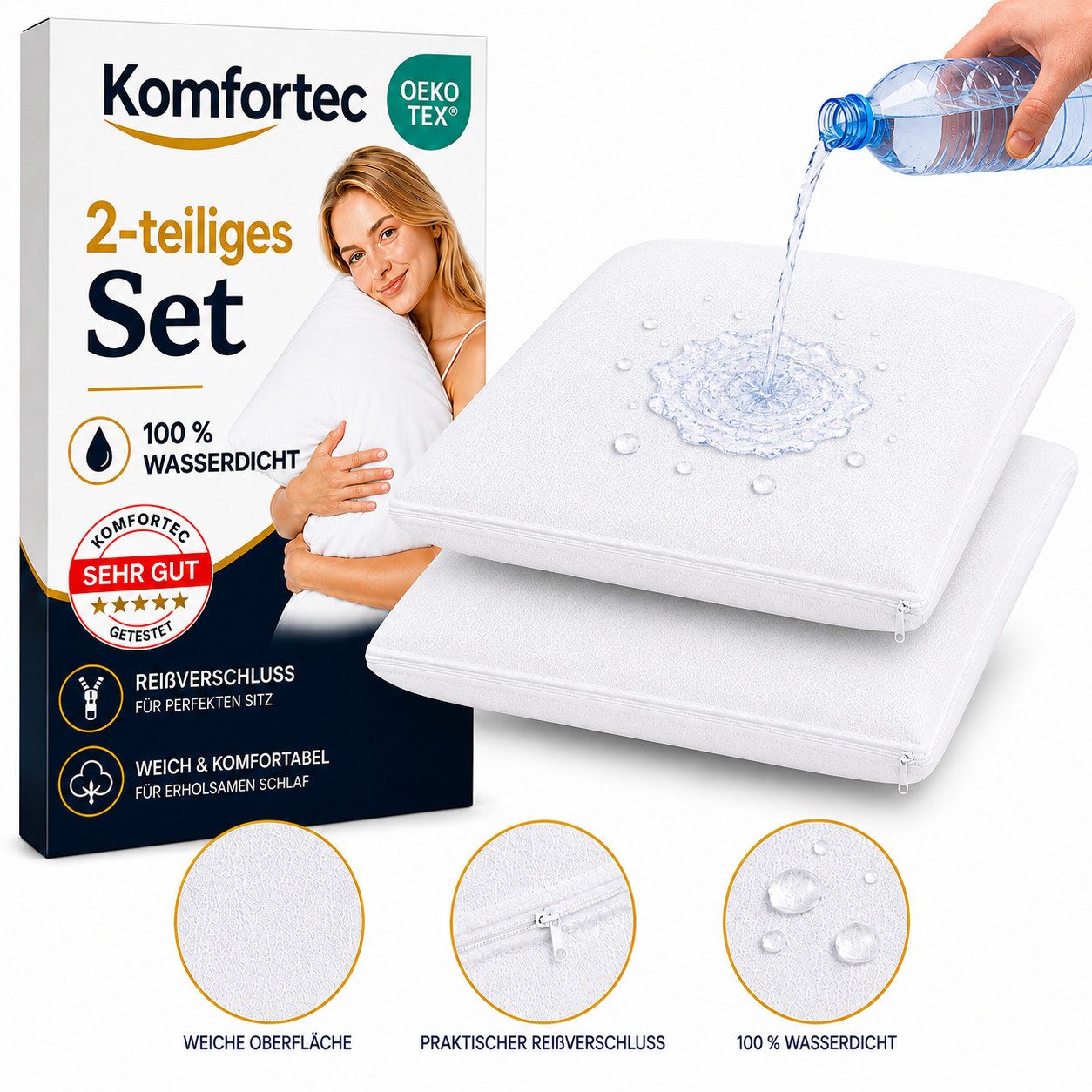 Komfortec Kissenbezüge Wasserdichter Kissenbezug Set, Hypoallergen Kopfkissenbezüge, (2 Stück), 45x45 cm mit Reißverschluss, Atmungsaktiv, Anti-Milben Kissenschoner