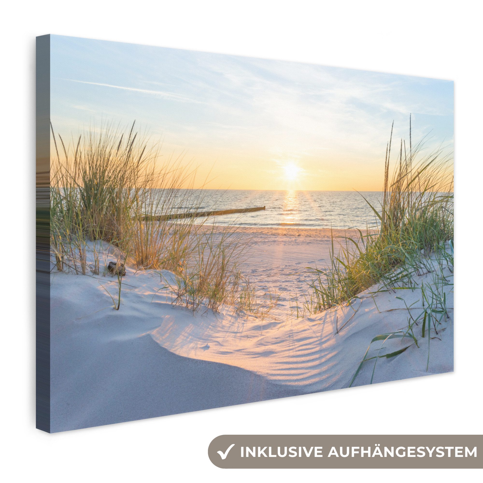 OneMillionCanvasses® Leinwandbild Strand - Sonne - Düne - Gras - Sand - Horizont, Fotodruck (1 St), Leinwand Bilder Klein, Wand Dekoration Aesthetic 30x20 cm