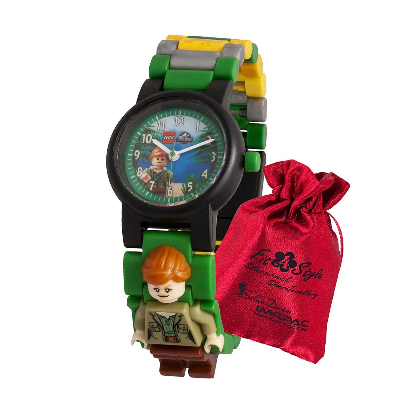 grau (ca. Claire World LEGO® Uhr, Kunststoffarmband grün, klein rund, Jurassic Quarzuhr Kinderuhr 28mm) gelb, Kinder LEGO