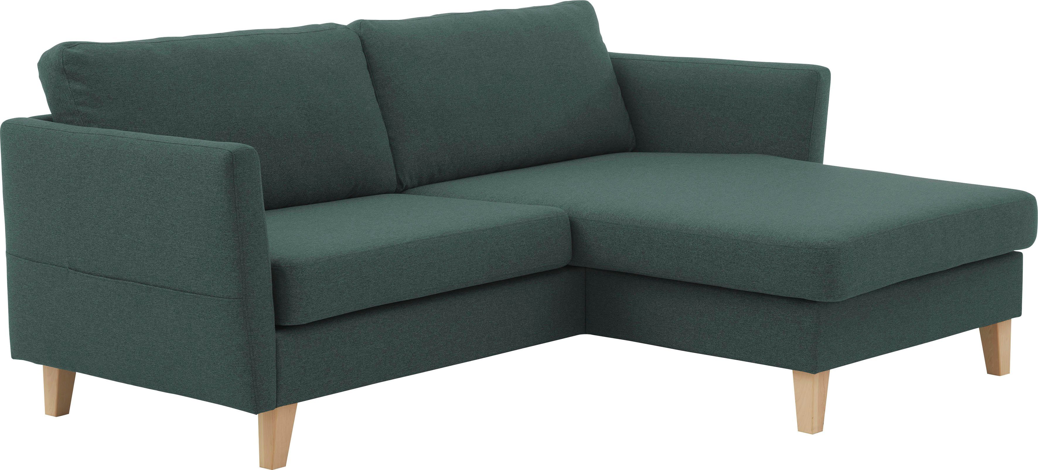 ATLANTIC home collection Ecksofa montierbar, grün Seitentaschen, beidseitig Mailo, mit Recamiere Massivholzfüße