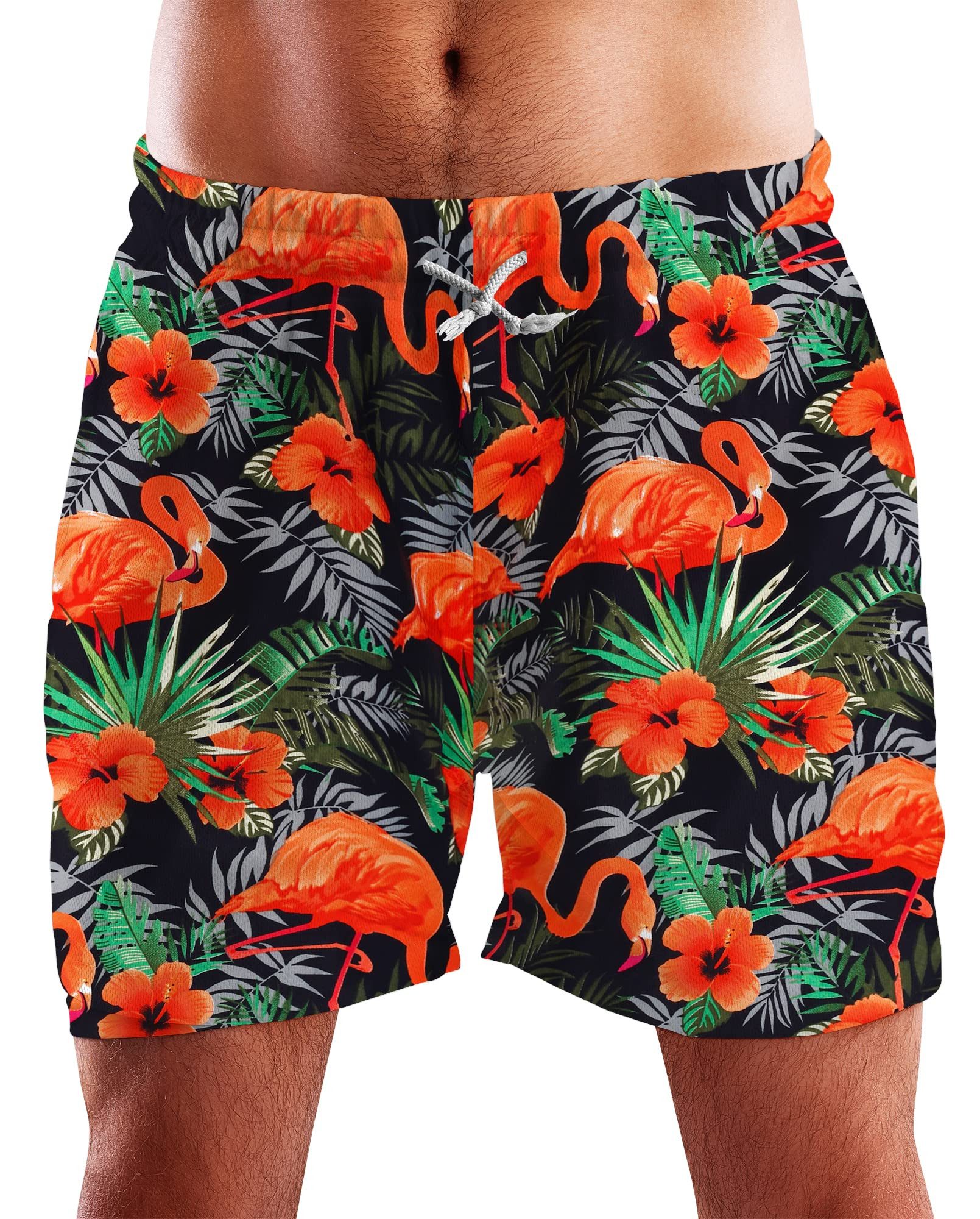 King Kameha Badeshorts Flamingo Flowers Funky Hawaii Bade-Shorts Mesh-Einsatz Kordelzug Mit integriertem Mesh-Innenslip für extra Komfort