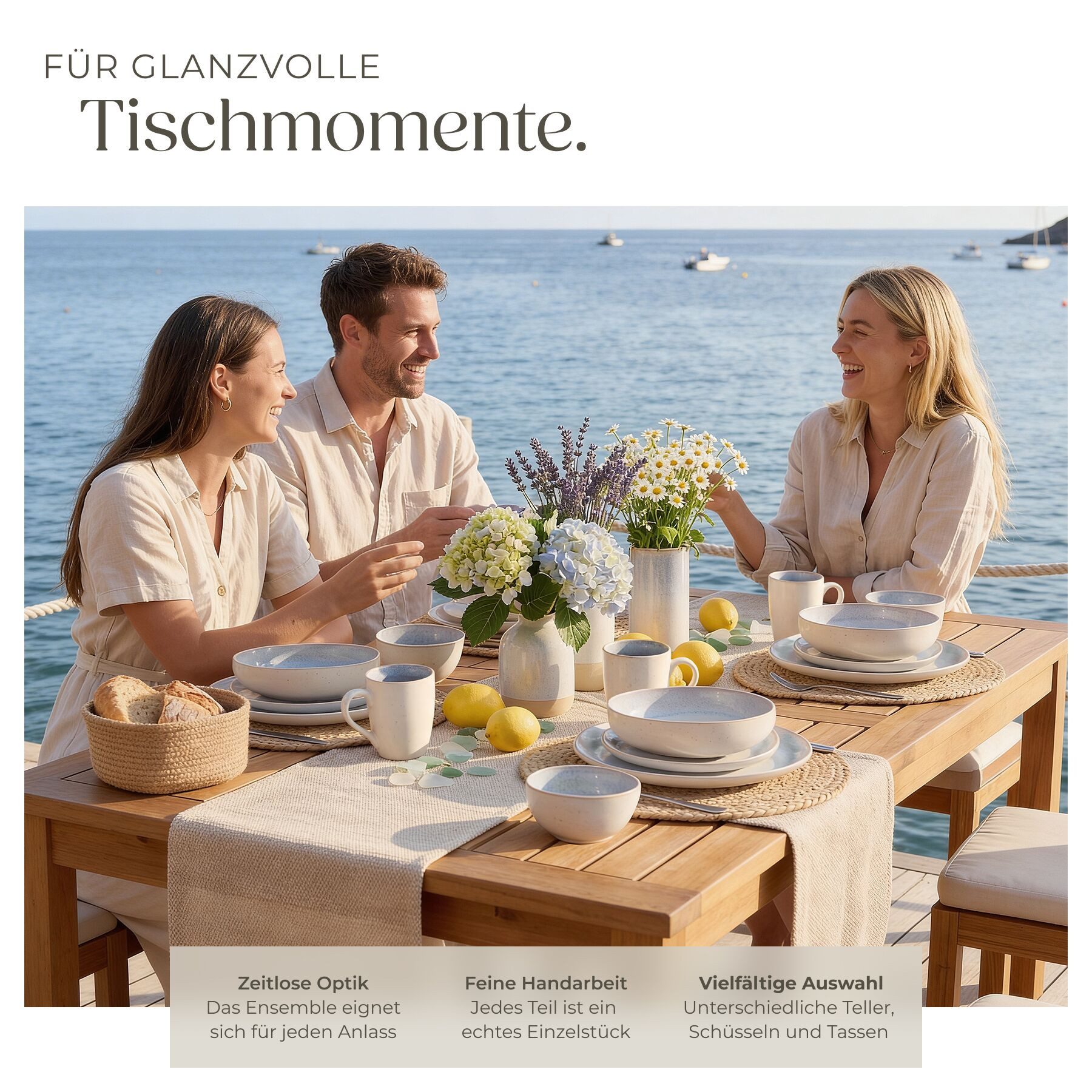 tectake Geschirr-Set Kombiservice (30-tlg), 6 Personen, Steingut, für 6 Personen, handgefertigt