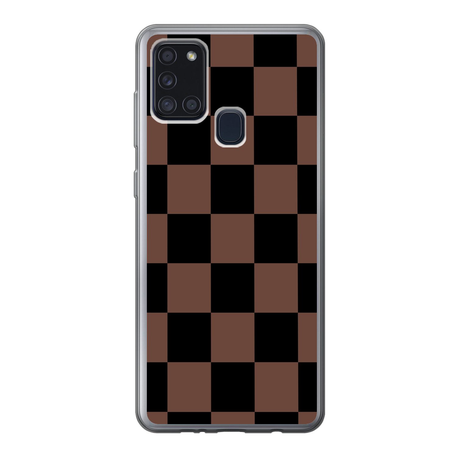 MuchoWow Handyhülle für Samsung Galaxy A21s Schachbrettmuster - Braun - Schwarz - Blöcke, Smartphone-Bumper, Print, Handy Schutzhülle Dünn