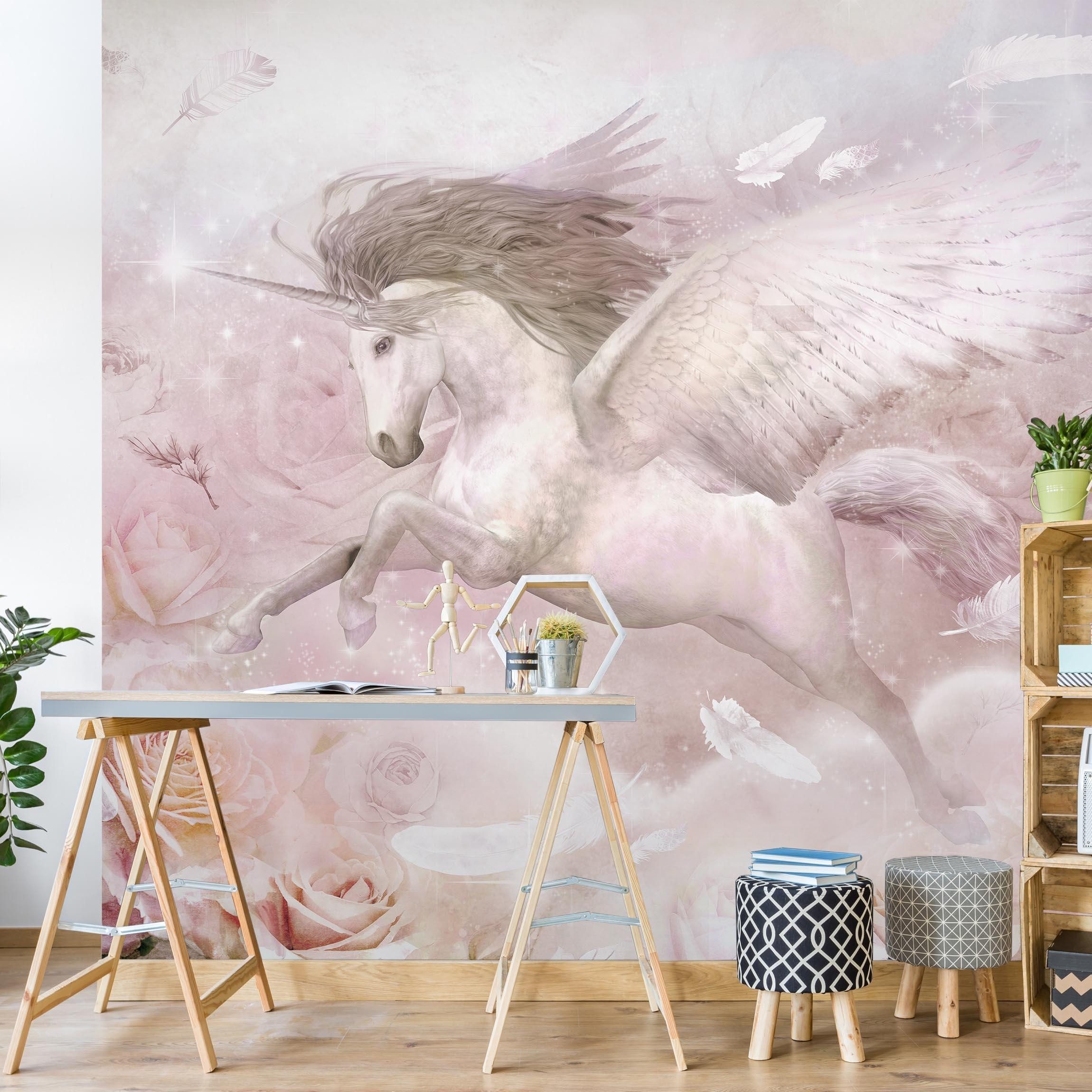 Bilderdepot24 Kindertapete Kinderzimmer Pegasus Einhorn Rosen Kinder Wanddeko Aquarell Pastell, Glatt, Matt, (Vliestapete inkl. Kleister oder selbstklebend), Mädchenzimmer Jungenzimmer Babyzimmer Bildtapete Fototapete Wandtapete