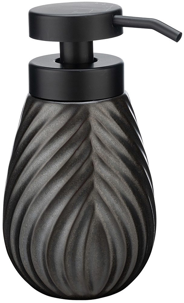 WENKO Badaccessoire-Set Modell Idro Anthrazit, Seifenspender und Zahnputzbecher aus Keramik mit Linien-Struktur