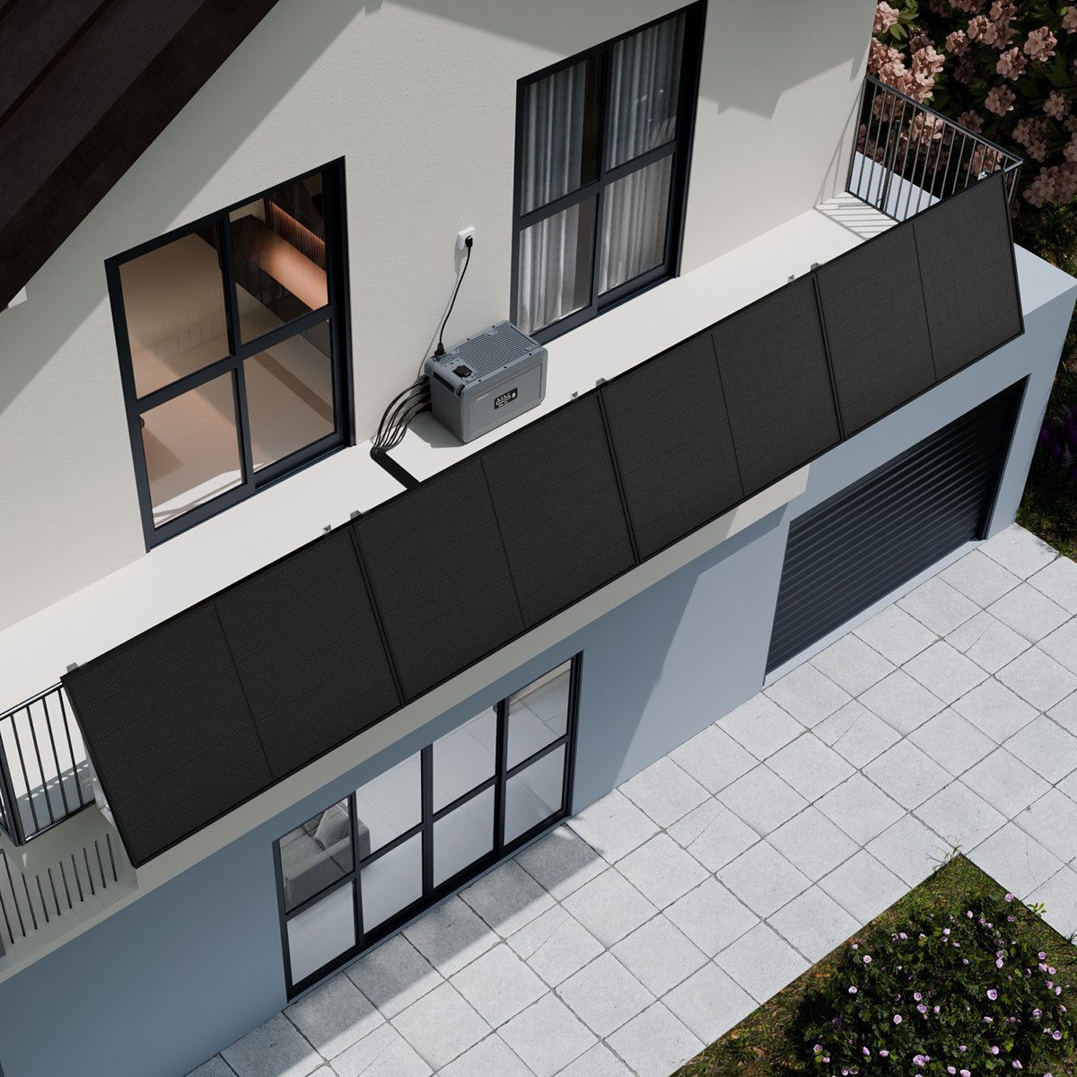 Growatt Balkonkraftwerk 2000W Bifazial PV mit Speicher 2048Wh Growatt NEXA 2000 All-in-One LFP, (4x 500Wp Full Black und NEXA 2000 All-in-One Speicher), WiFi & Bluetooth-Unterstützung