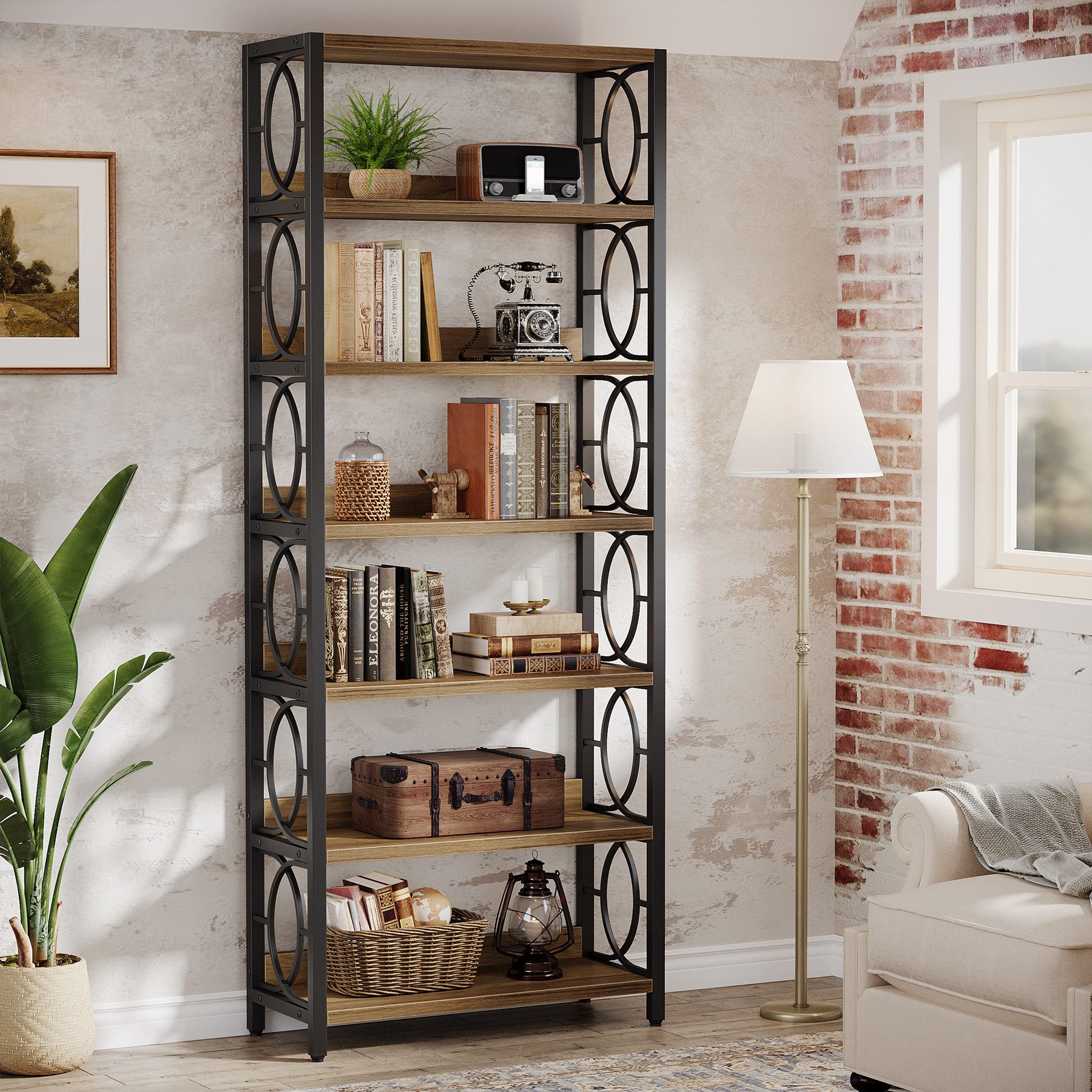 Tribesigns Bücherregal Vintage Standregal, 6-Tier freistehende Display Regal mit Metallrahmen – Bild 2 von 5