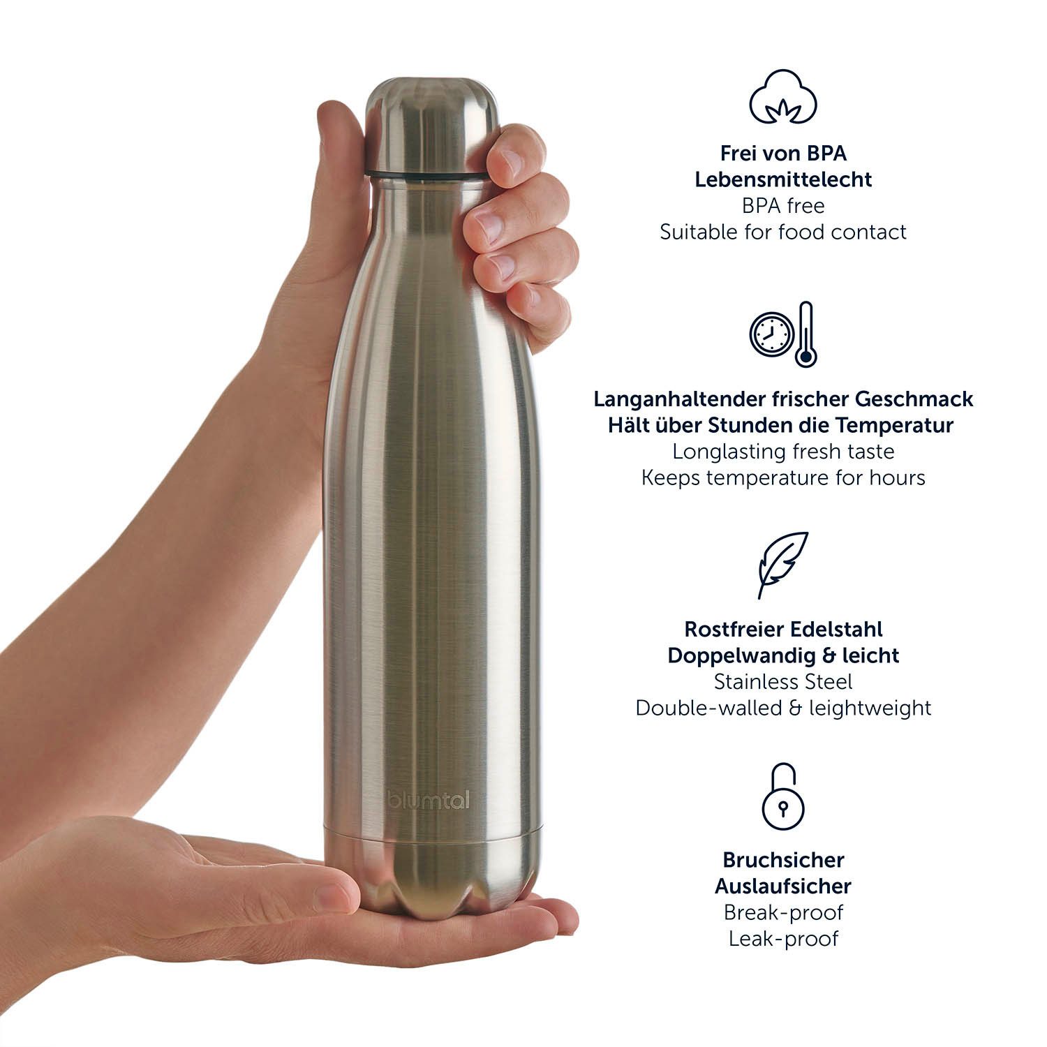 Blumtal Isolierflasche Thermoflasche Edelstahl - auslaufsiche Isolierflasche, BPA-frei, stundenlange Isolation von Warm & Kaltgetränken - rostbeständig – Bild 5 von 5
