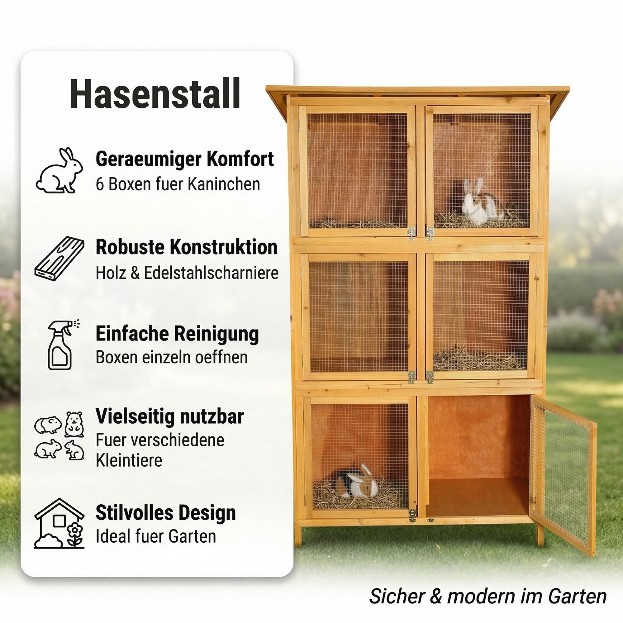Mucola Kleintierkäfig Hasenkäfig 6 Boxen Kaninchenstall Holz Freigehege Kleintierstall XXL, 6 Boxen