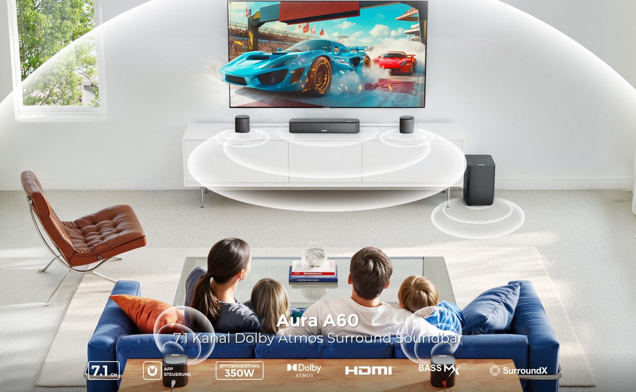 Ultimea Aura A60 7.1 Soundsystem 7.1-Kanal Dolby Atmos Soundbar (Bluetooth, HDMI, 350 W, 3D Surround Sound System für Heimkino mit 4 Surround Speakers)