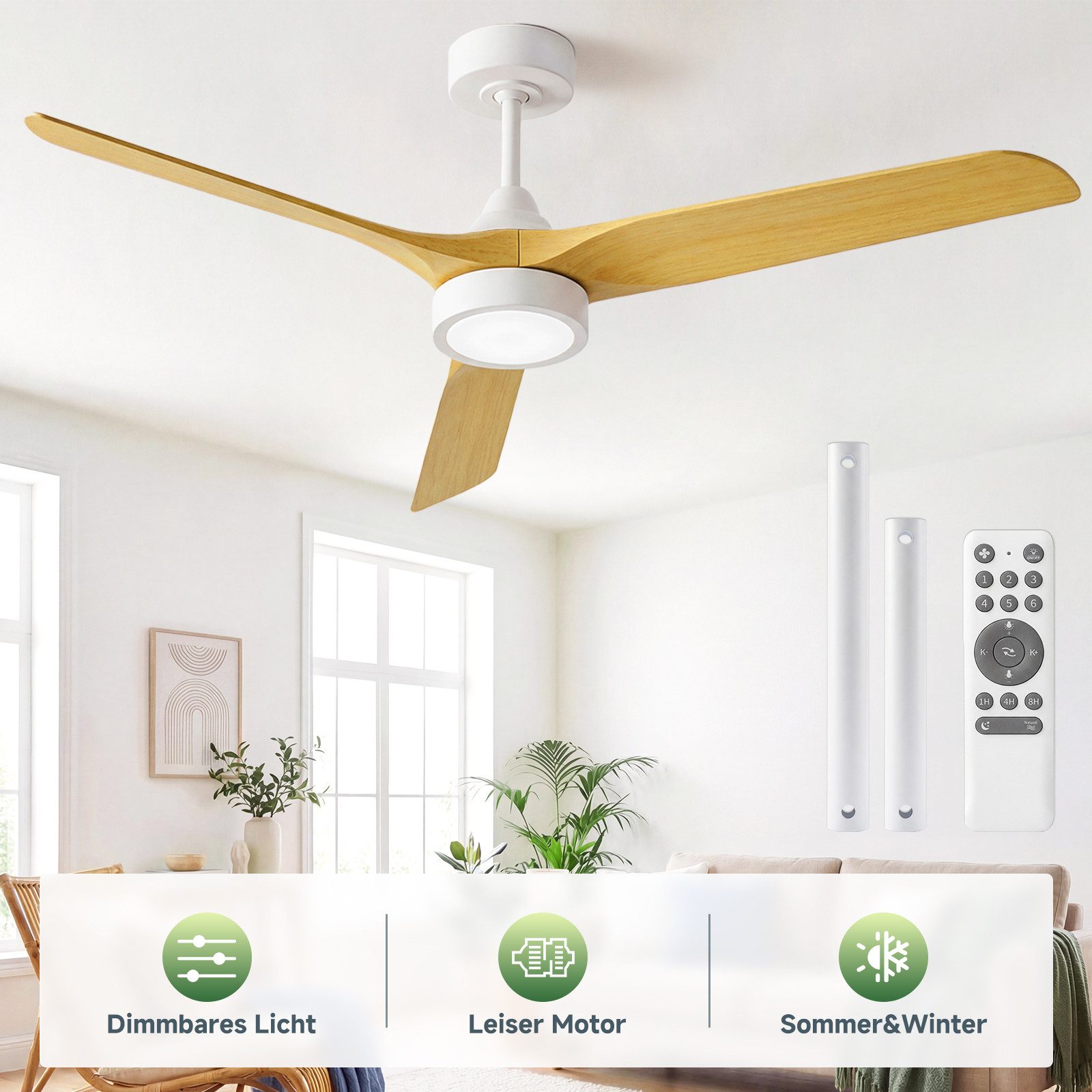 ATEROLL Deckenventilator Deckenventilator mit Licht,Fernbedienung, Leiser DC Motor, 6 Stufen, 132 cm Durchmesser, Dimmbare LED 3000-6500K, Sommer/Winterfunktion,Ventilator für Zimmer