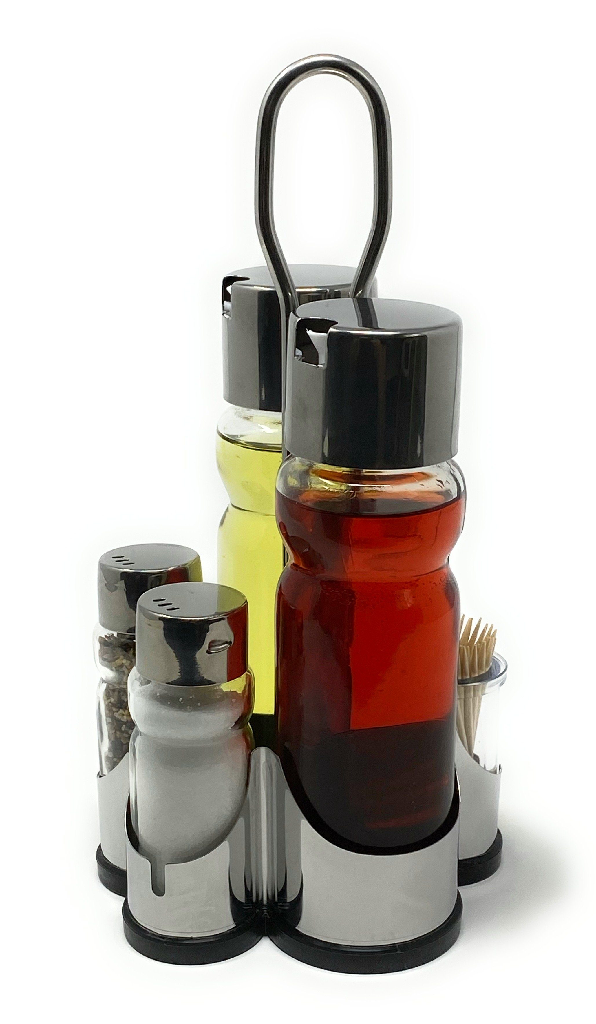 Menage-Set Essig und Öl Spender Glas Salz Pfeffer Zahnstocher Set