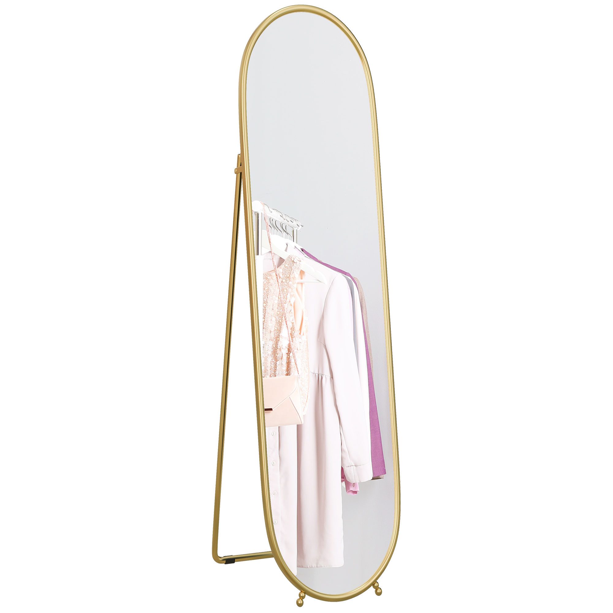 HOMCOM Standspiegel Ganzkörperspiegel mit Ständer, Metallrahmen, Oval (Garderobenspiegel, 1-St., Wandspiegel), für Wohnzimmer, Schlafzimmer, Gold – Bild 2 von 5
