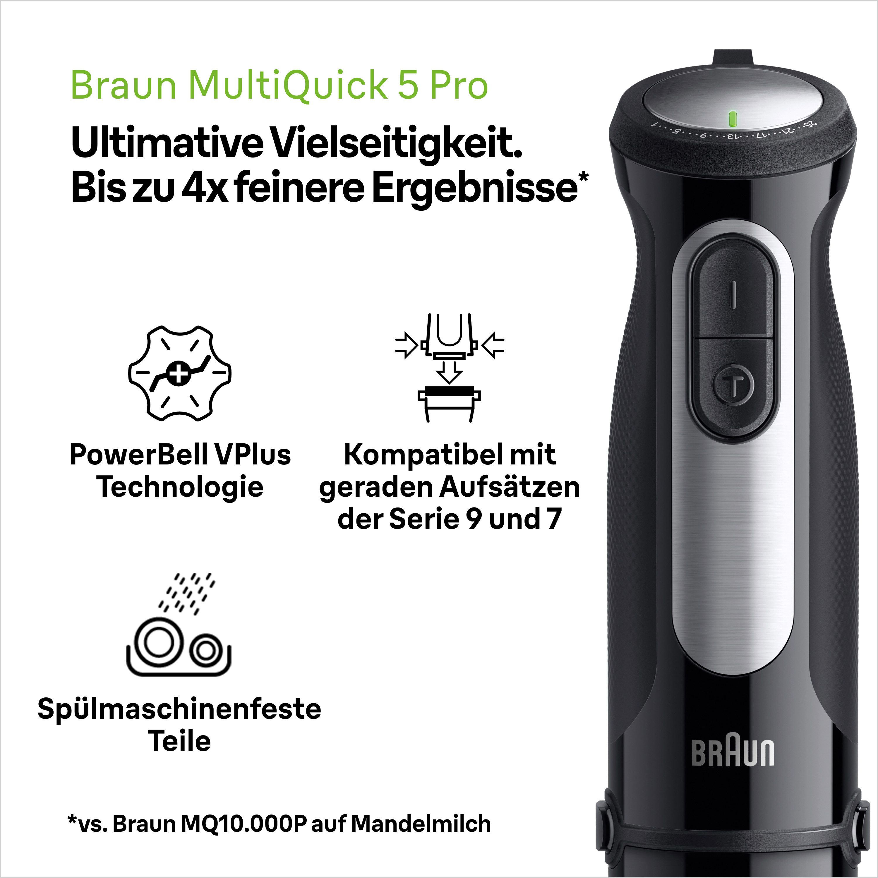 Braun Stabmixer MultiQuick 5 Pro MQ 55236 M - 1000W, 25 Geschwindigkeiten, Schneebesen, 1000 W, Spritzschutz, 500ml Zerkleinerer, Extra Mahlklinge, spülmaschine – Bild 5 von 5