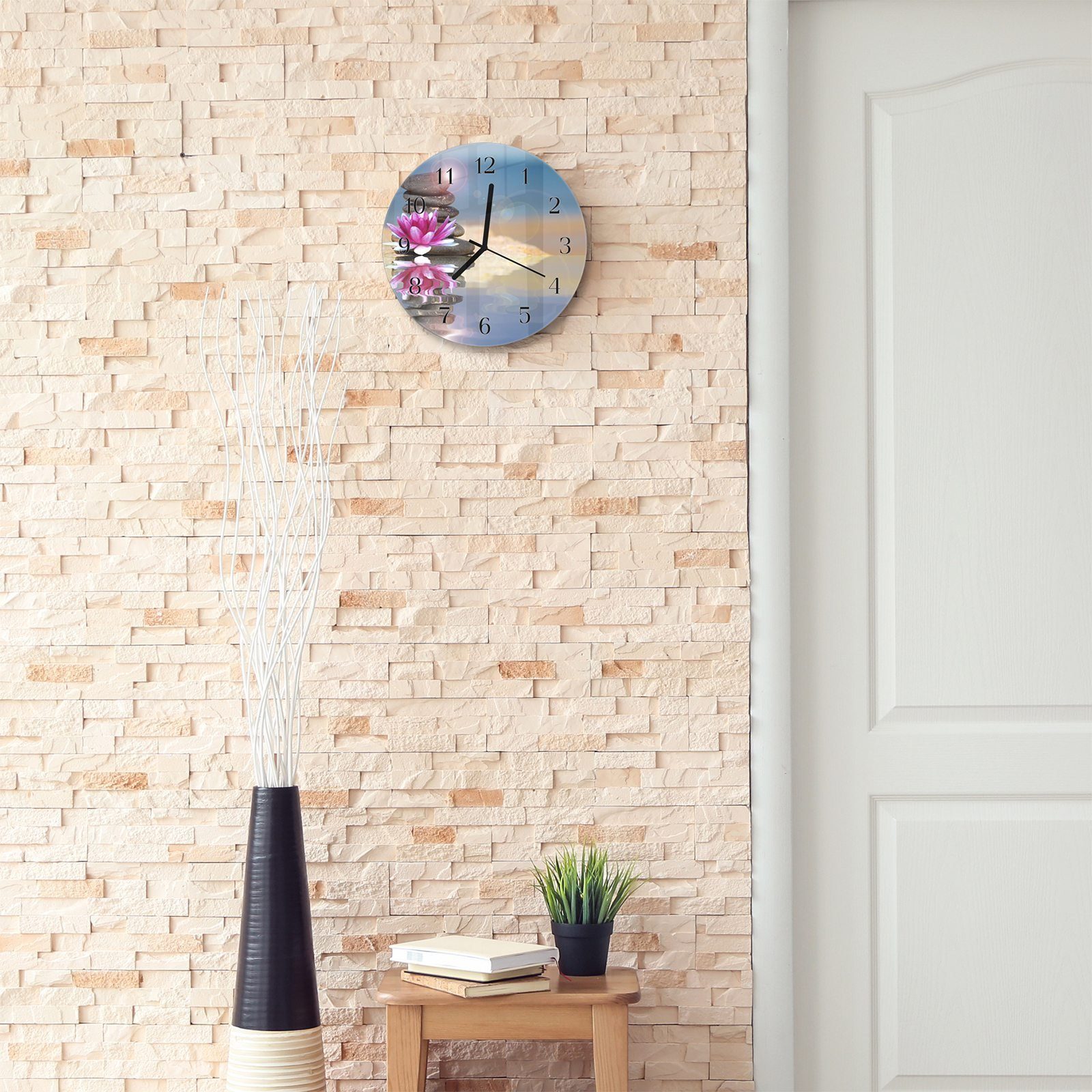 Primedeco Wanduhr Wanduhr aus Glas Motiv und Steine mit Durchmesser Quarzuhrwerk und mit - Rund cm 30 Blüte