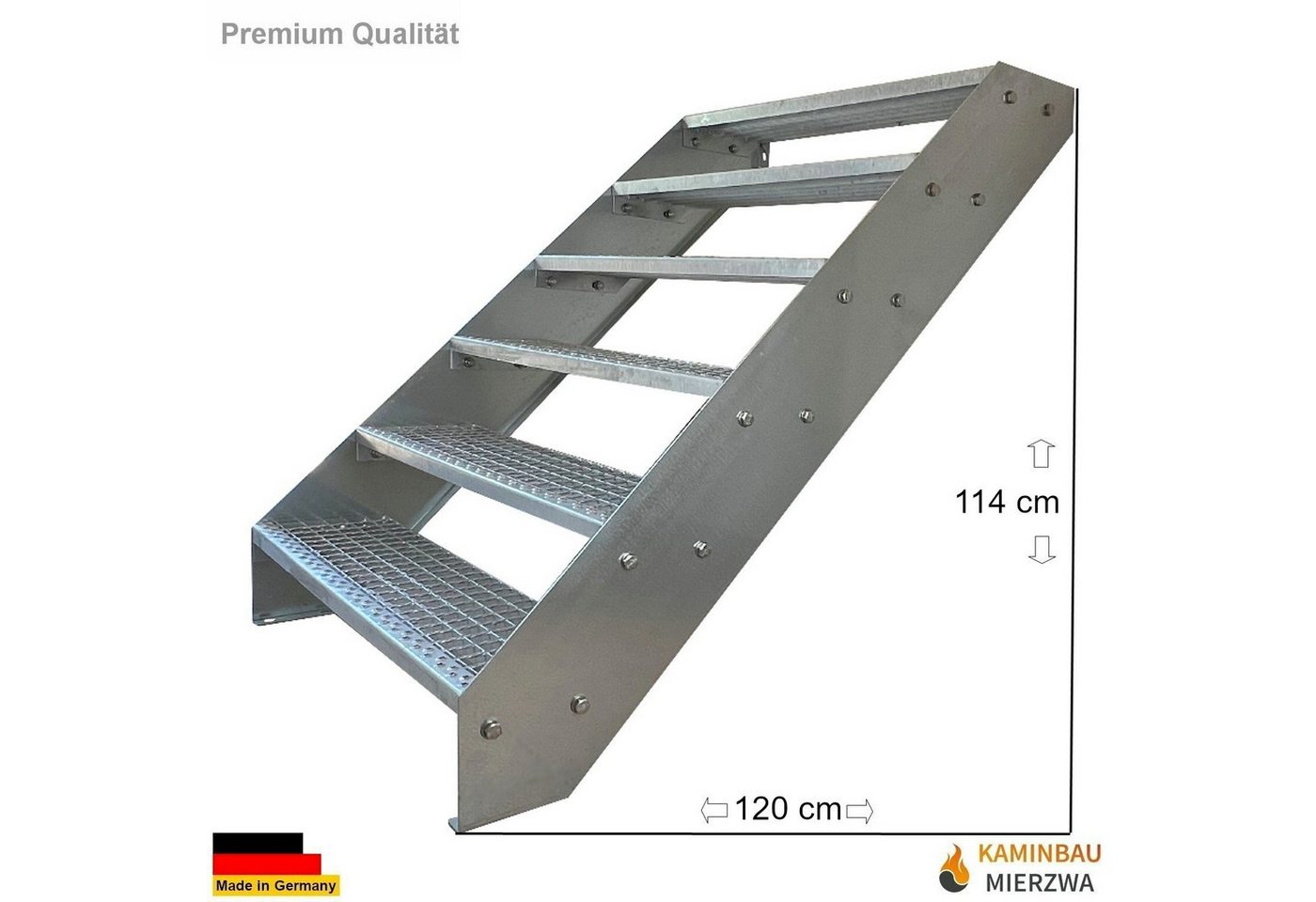 Thumbnail - Kaminbau Mierzwa Außentreppe Premium Treppe Verzinkt, für Geschosshöhen bis 114 cm, Stufen Gitterroststufen nach DIN 245...