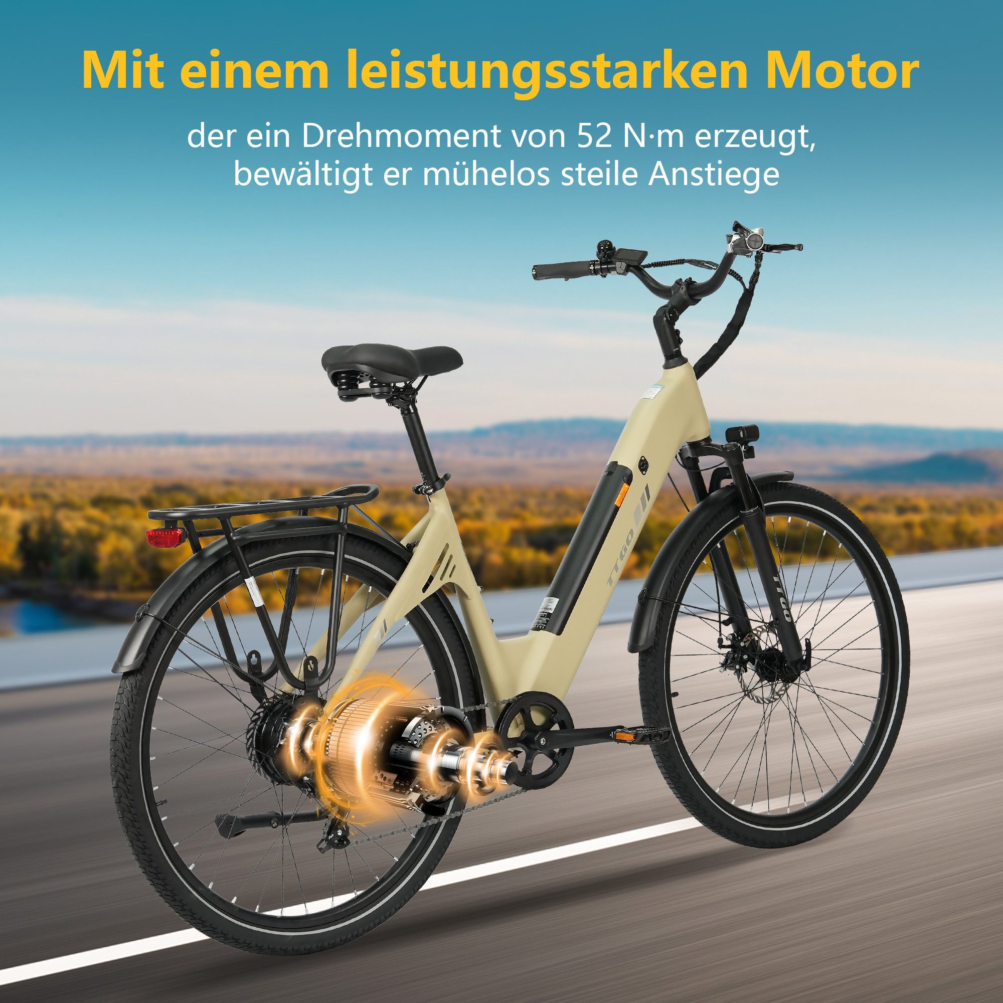 TTGO E-Bike Cityrad 28 Zoll, 55Nm, 650Wh, 150km, Elektrofahrrad für Damen und Herren, 7 Gang Shimano, Kettenschaltung, Heckmotor, 650 Wh, (Alu-Pedale, max. Bela – Bild 4 von 5