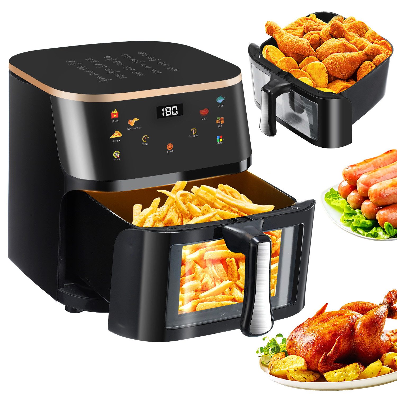 oyajia Heißluftfritteuse Airfryer 9 L, Heissluftfritteuse mit Großes Sichtfenster, LED-Display, 1800,00 W, Touchscreen, Smart und Timer-Funktion, Gesunde Friteuse ohne Öl