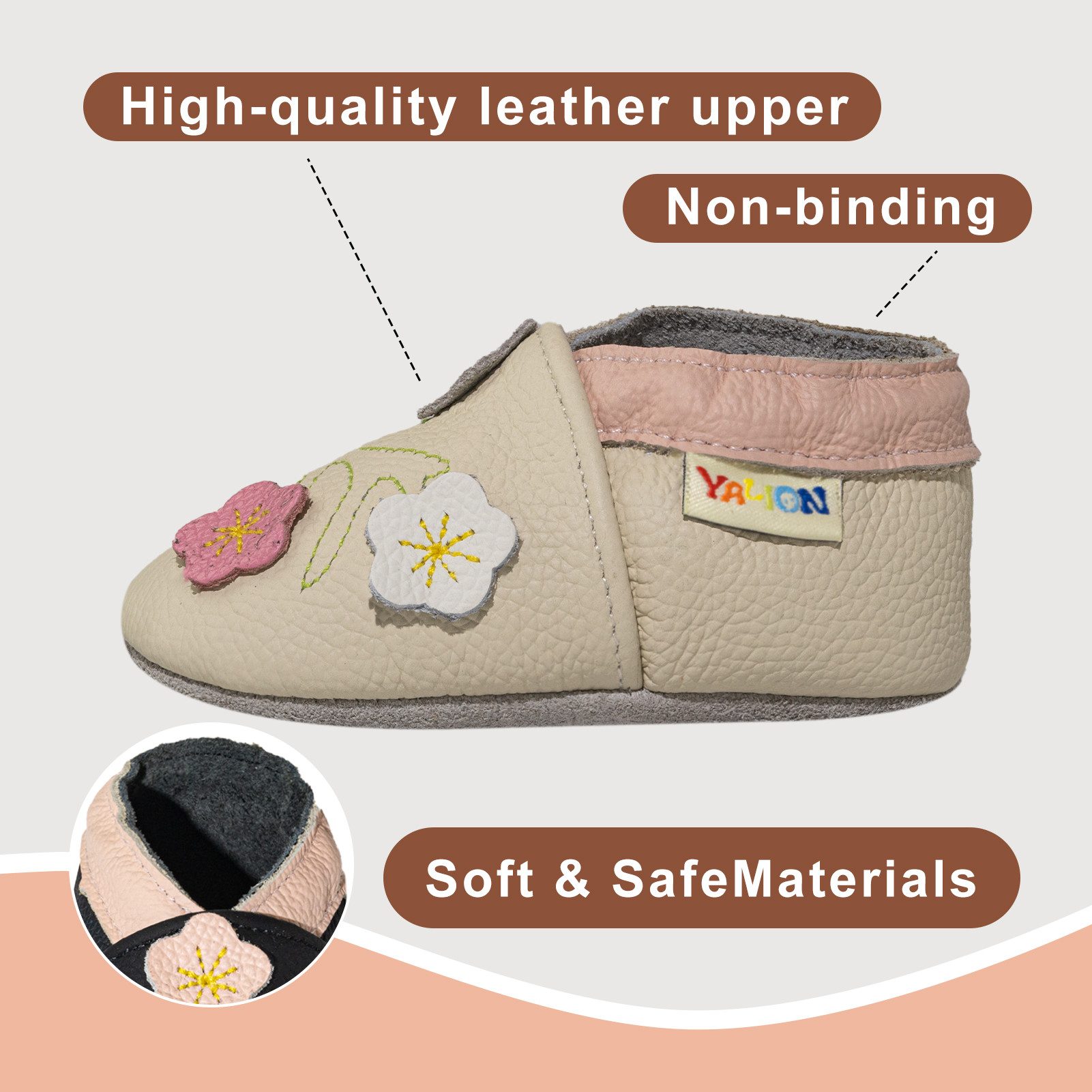 Yalion Baby schuhe aus 100 % Leder Beige mit 3 Blumen Krabbelschuh – Bild 5 von 5