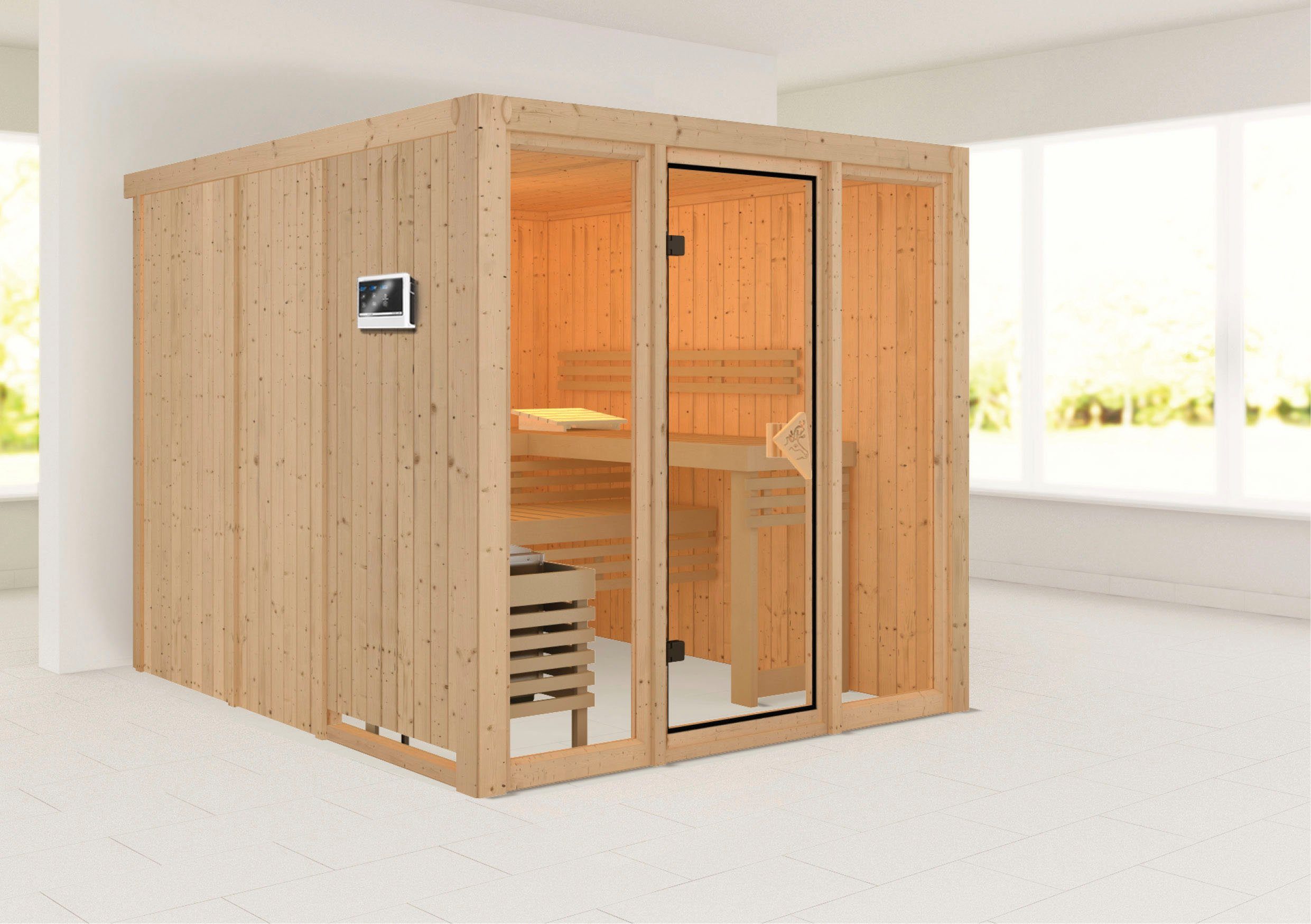 Thumbnail - welltime Sauna Artja, BxTxH: 216 x 234 x 198 cm, 68 mm, (Set) naturbelassen, mit Ofen 9 kW ext. Steuerung