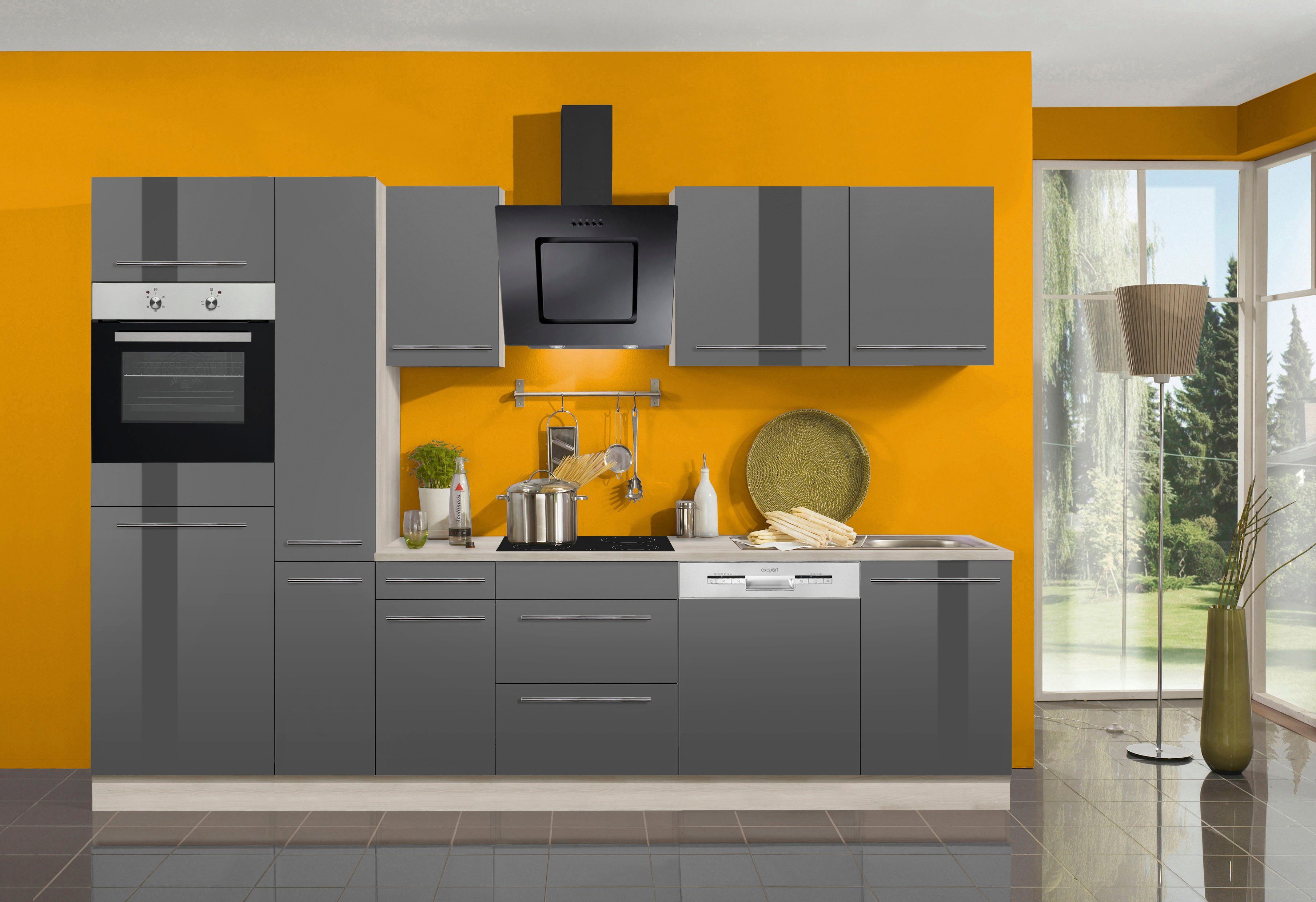 OPTIFIT Küchenzeile Bern, Breite 300 Füße, wahlweise grau | mit | grau cm, höhenverstellbare Hochglanz/akazie-akazie E-Geräten grau Hochglanz