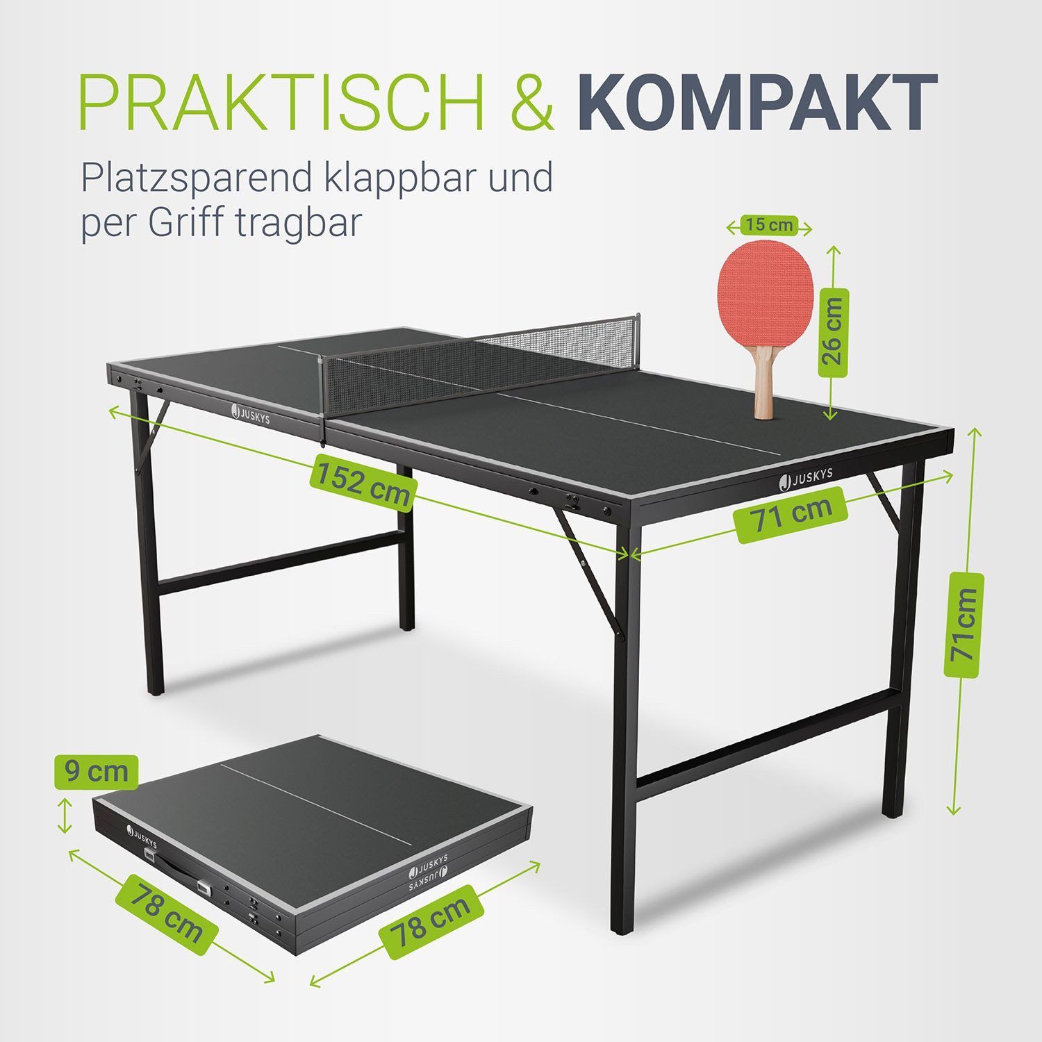 Juskys Spieltisch Flexi, Mini-Tischtennisplatte, Tisch klappbar, Set inklusive Zubehör