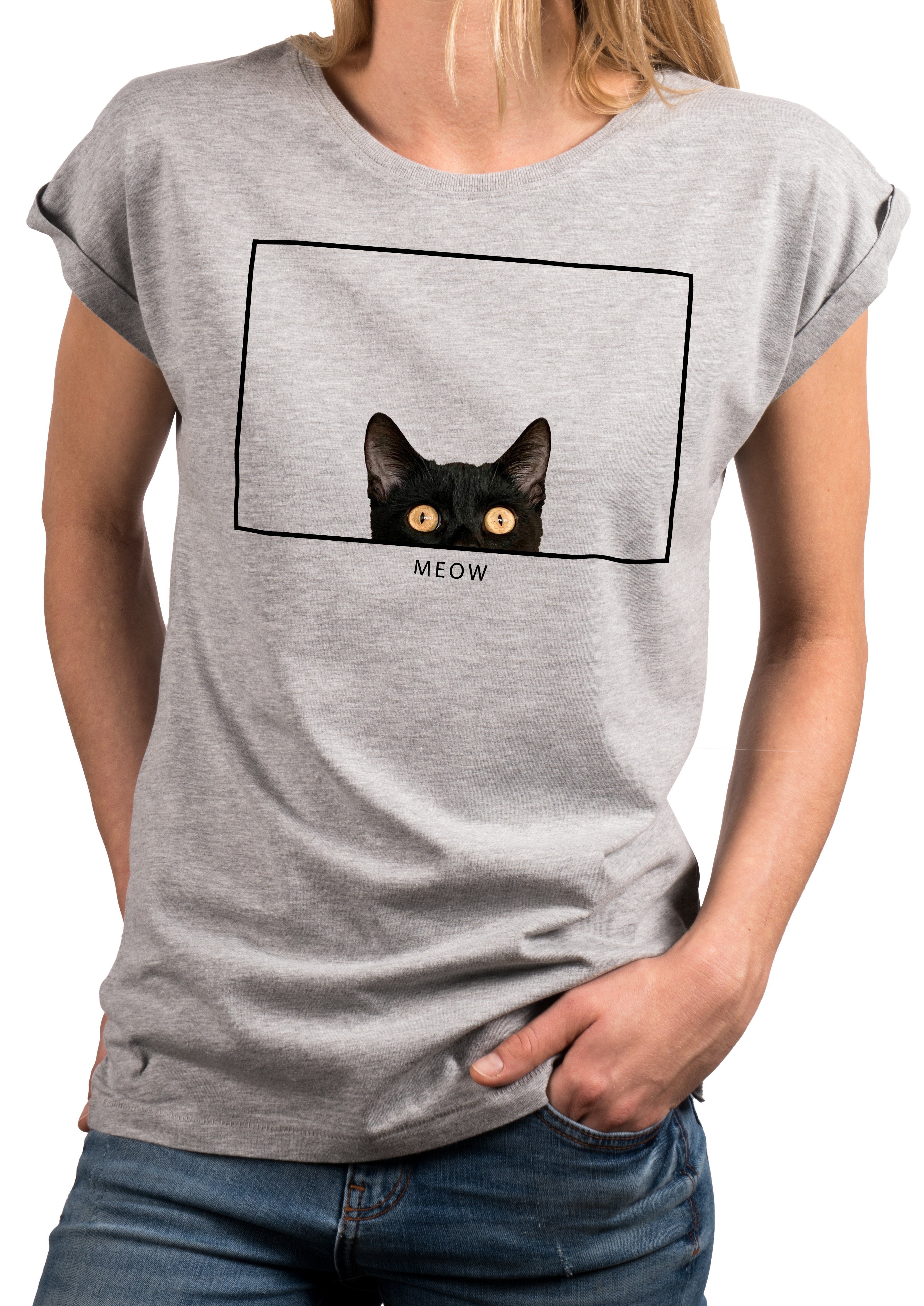 Katzenmotiv Top Grau Geschenke Katzenfans Katzenshirt MAKAYA Lustige Damen Print-Shirt Katzenliebhaber, Katzen