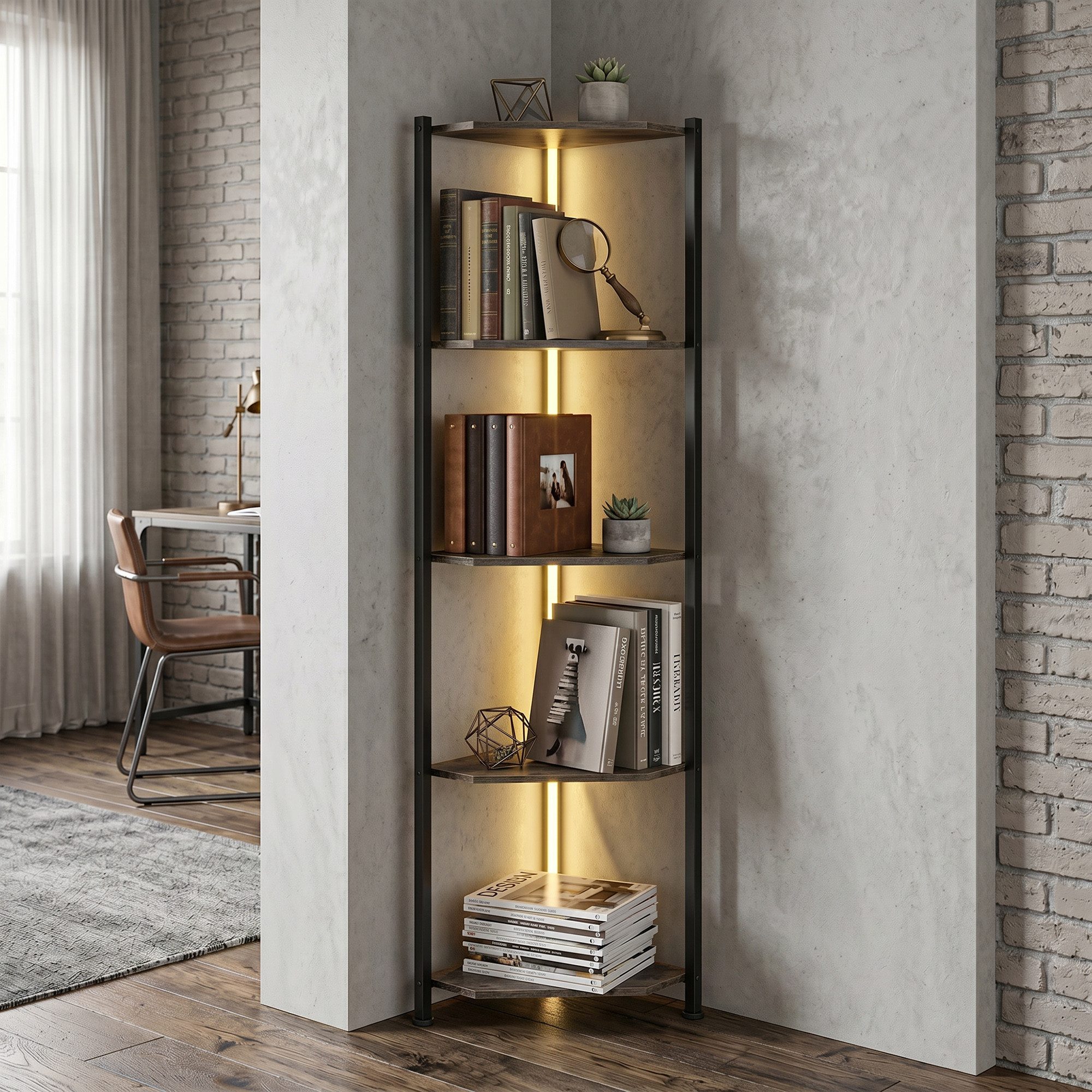 HOMCOM Bücherregal Regal 5 Ebenen Aufbewahrungsregal mit Metallrahmen Rustikal-Braun, Eckregal 2-tlg., LED-Beleuchtung, Eckregal, platzsparend