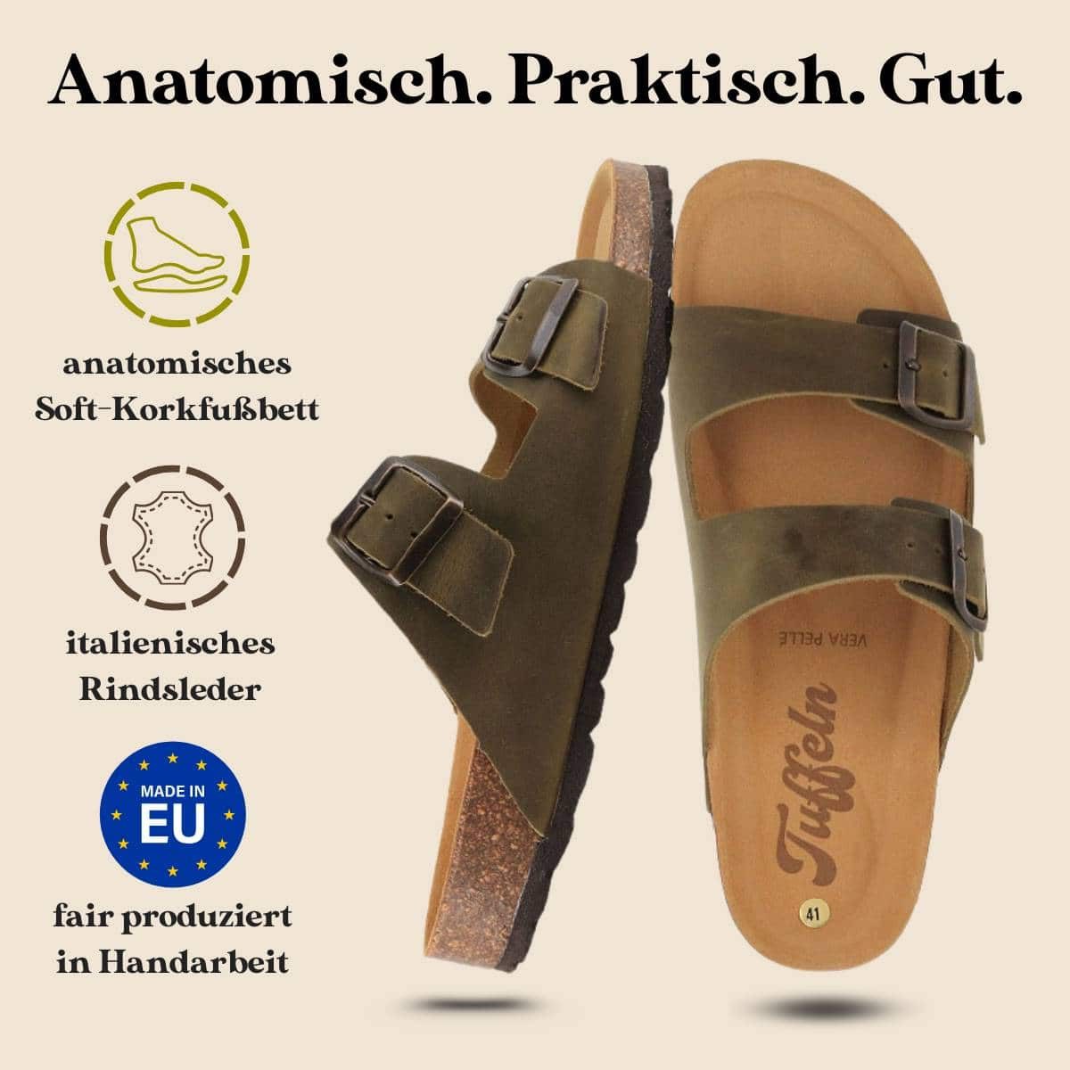 Tuffeln Leder-Sandalen 'Föhr' mit Korkfußbett Zweischnaller Pantolette Hausschuh mit weichem Tieffussbett