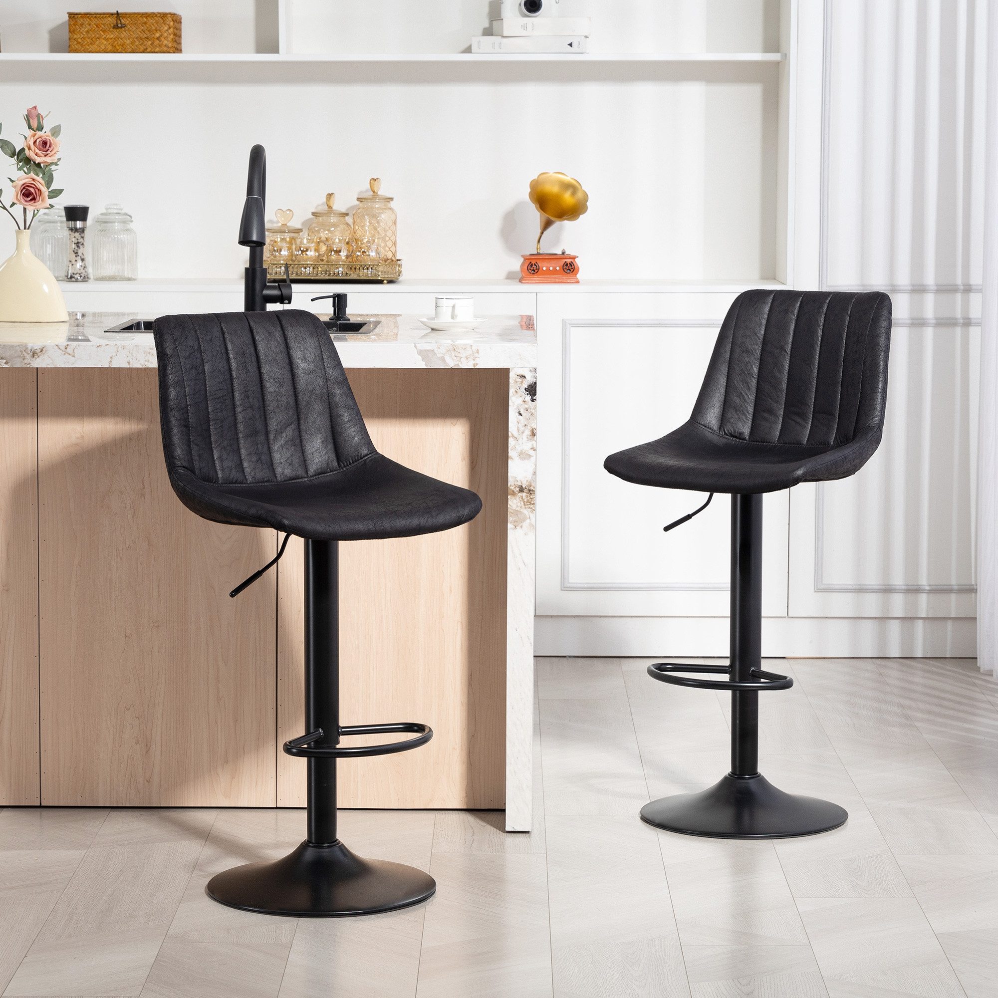 OKWISH Barhocker 2er Set Tresenhocker Schwarz im Retrodesign mit Fußstütze (Set, 2 St., Stilvolle Hocker mit bequemer Fußablage für Zuhause), Höhenverstellbare Sitzhocker mit Gaslift für Küche und Barbereich