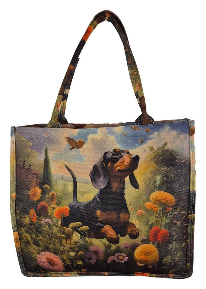 Einkaufszauber Shopper Shoppertasche Dackel - Strandtasche Totebag Handtasche, Dackel jagt Schmetterlinge auf der Wiese