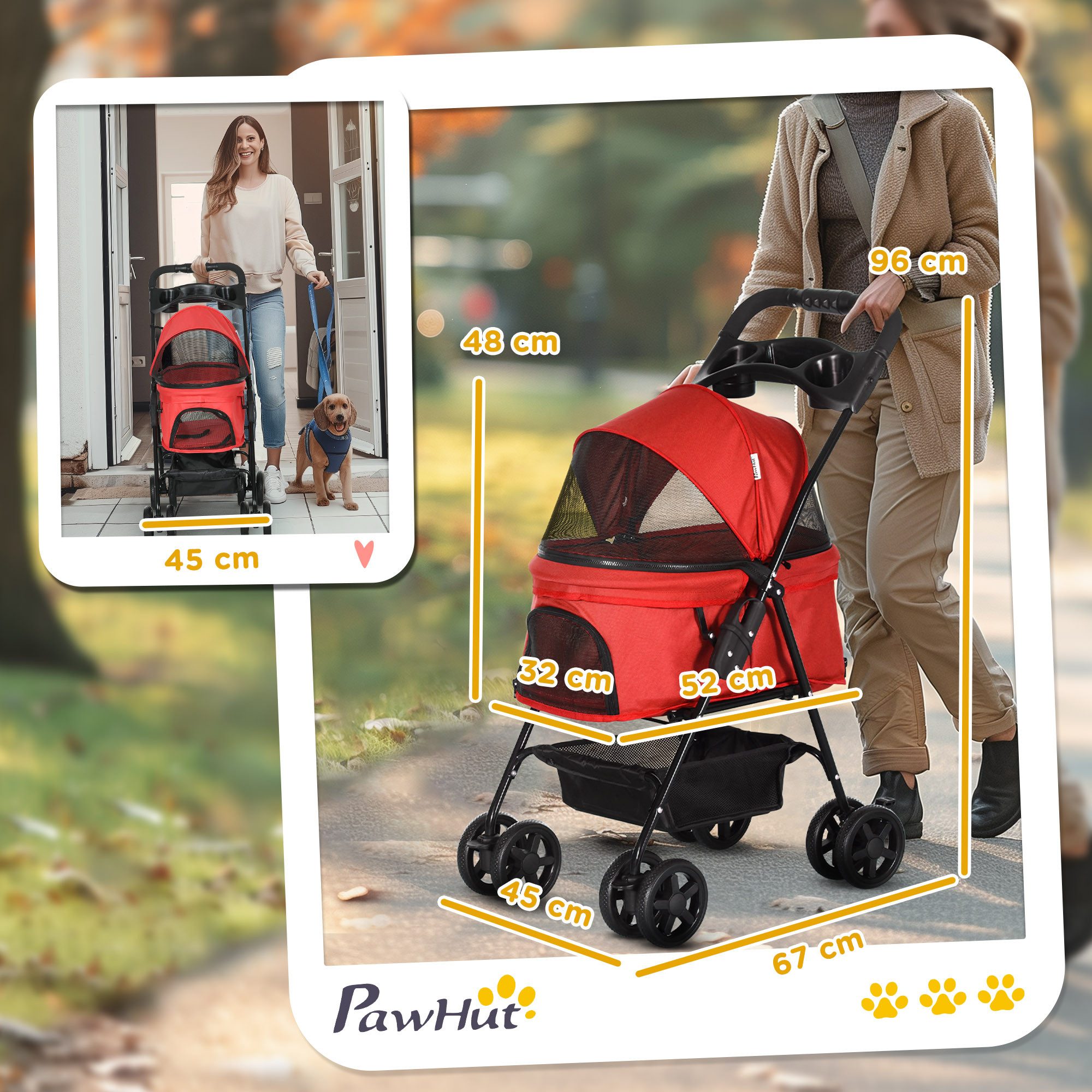 PawHut Hundebuggy Hundewagen klappbar bis 4 kg Katzenbuggy mit Netzfenster, (Haustierwagen, 1-tlg), für kleine Hunde und Katzen, Oxford Rot 67 x 45 x 96 cm