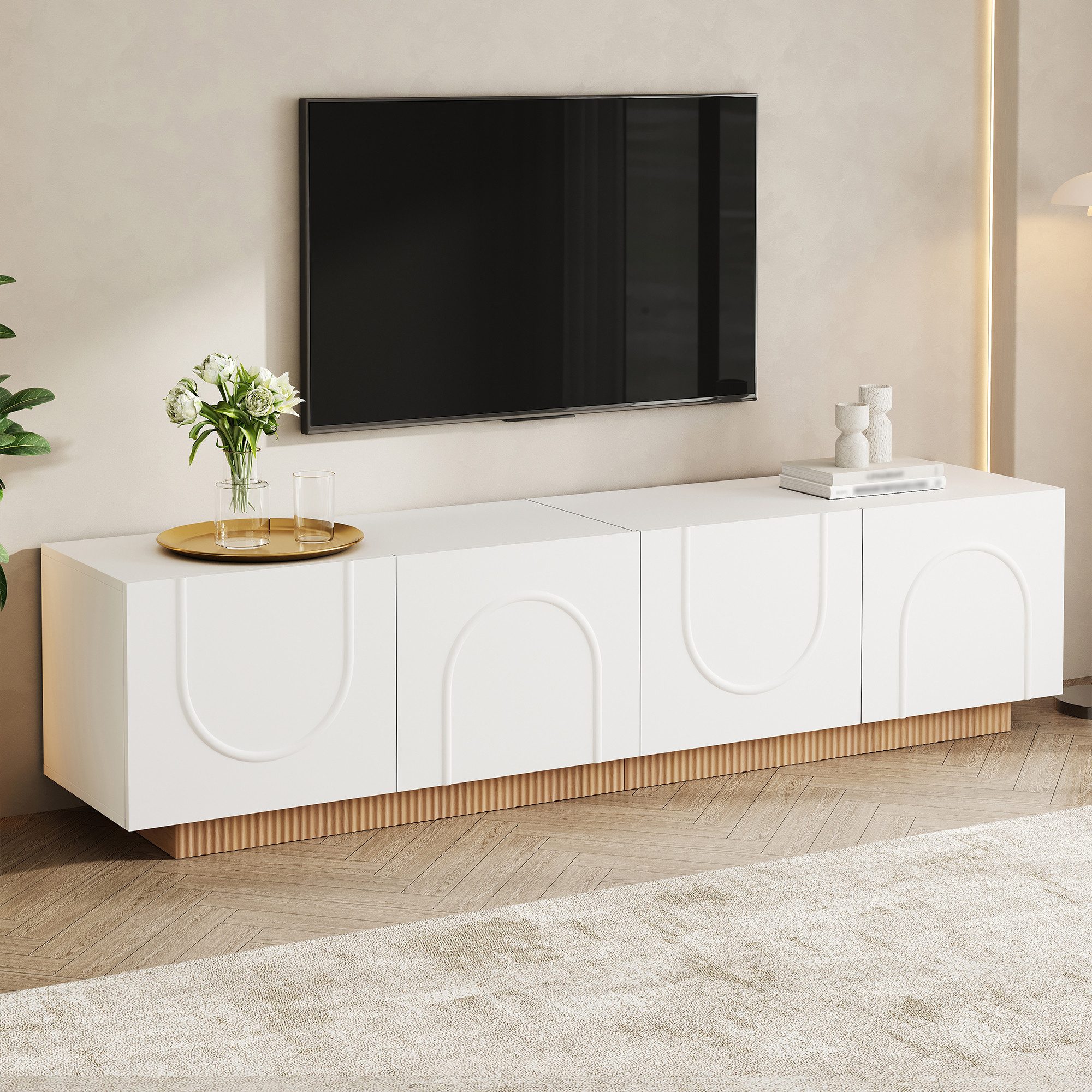 Merax Lowboard mit 4 Türen, Stauraum, Kabelöffnung & gedämpften Scharnieren (1 St), TV-Schrank Fernsehtisch mit Bogenfront Design, 170x38x42cm
