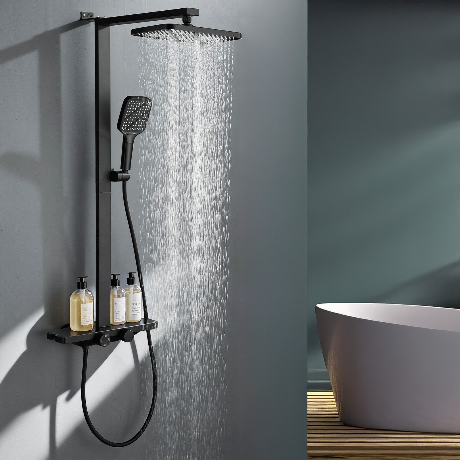 HOMELODY Duschsystem mit Thermostat und Glasablage in Schwarz Matt,Brausegarnitur, 3 Strahlart(en), Set, 12 Zoll Regendusche, 3-Funktions-Handbrause, PPA-Kupfer, Aluprofil