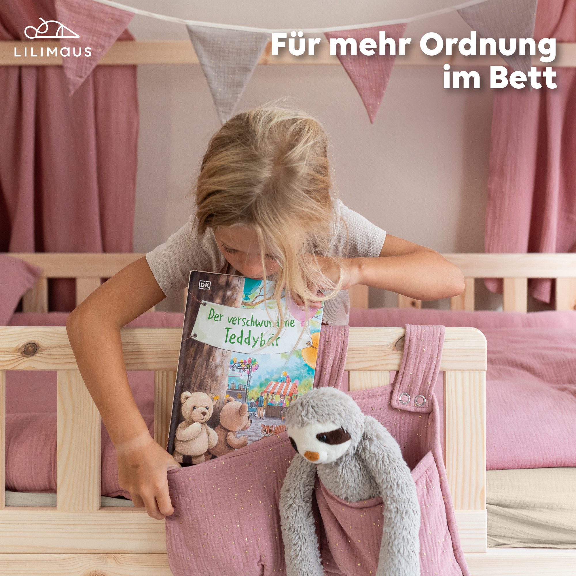 lilimaus Betttasche Bett-Organizer für Kinderbett - Tasche für Spielzeug & Bücher (1-tlg), Bücher & Kuscheltiere griffbereit am Bett - optional mit Gold – Bild 2 von 5