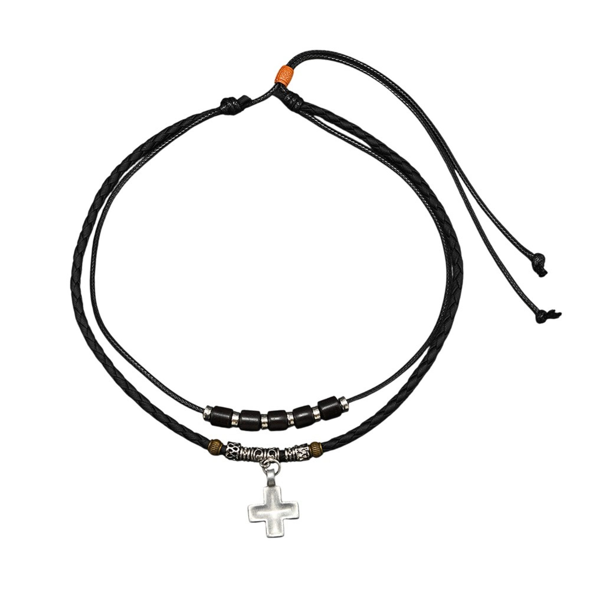 KARMA Kette mit Anhänger mehrreihig Surfer Style Kreuz Schwarz Herren PU Leder (Geschenk für Ihn Lederkette, Herrenhalskette modern), Halskette Herrenschmuck Männer