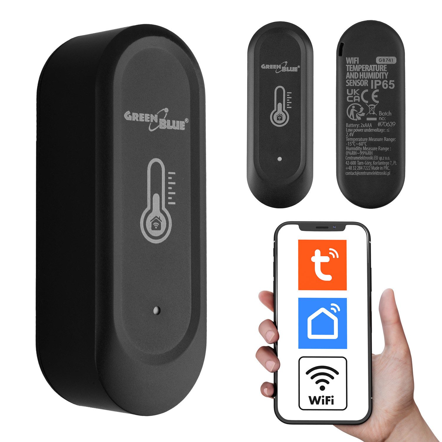 GreenBlue Feuchtigkeitssensor GB741 Externer Smart-Temperatur- und Feuchtigkeitssensor, Android/iOS, 3,0 V DC, LR03x2, IP65