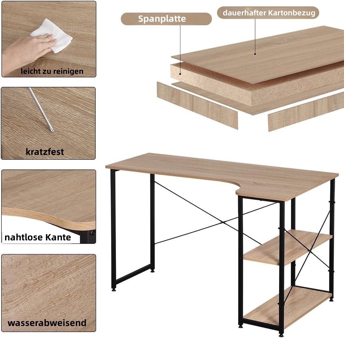 Woltu Schreibtisch aus cm Ablage, (1-St), Stahl, mit Schwarz-Helle Holz und Eiche ca.120x74x71,5