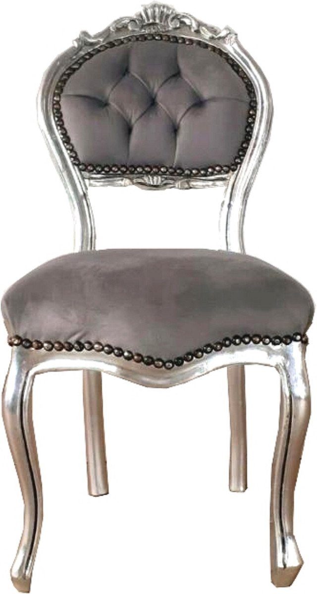 Casa Padrino Besucherstuhl Barock Damen Stuhl Grau / Silber 40 x 44 x H. 83 cm - Handgefertigter Schminktisch Stuhl mit edlem Samtstoff - Möbel im Barockstil