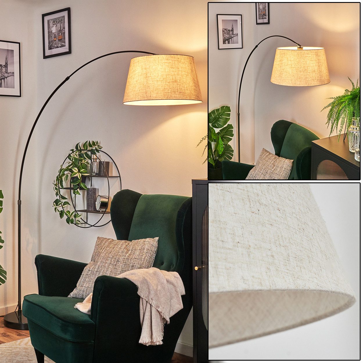 hofstein Bogenlampe Stehlampe mit Marmorfuß aus Metall/Stoff in Schwarz/Chrom/Beige/Weiß, Stehleuchte im modernen Design, Ø 45 cm, Fußschalter, E27