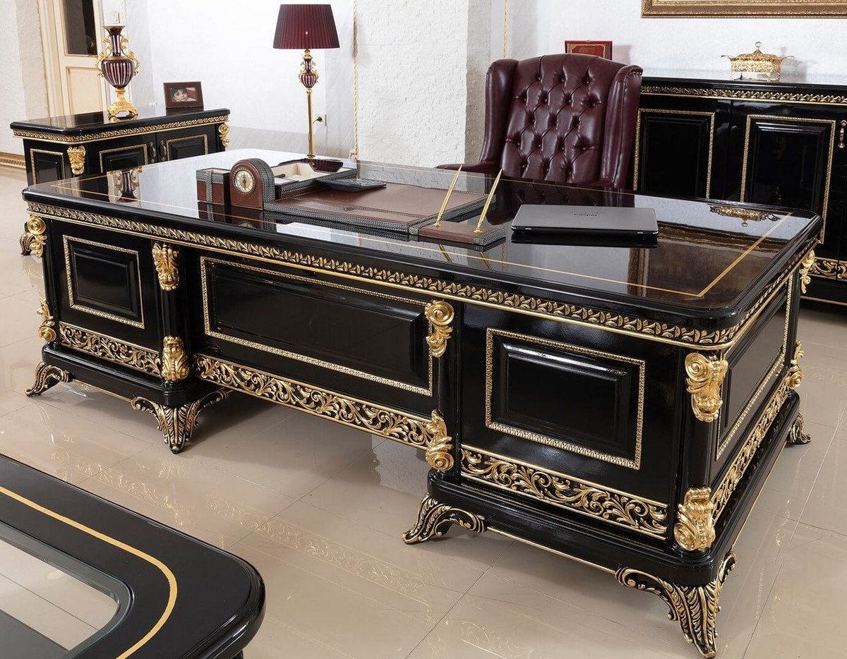 Casa Padrino Chesterfield - Barock Barock & Schwarz Gold Kunstleder 1 Schreibtisch 1 Büromöbel mit Schreibtisch Barock - Büromöbel / Barock edlem Set Prunkvolle / Bürostuhl Bordeauxrot Luxus