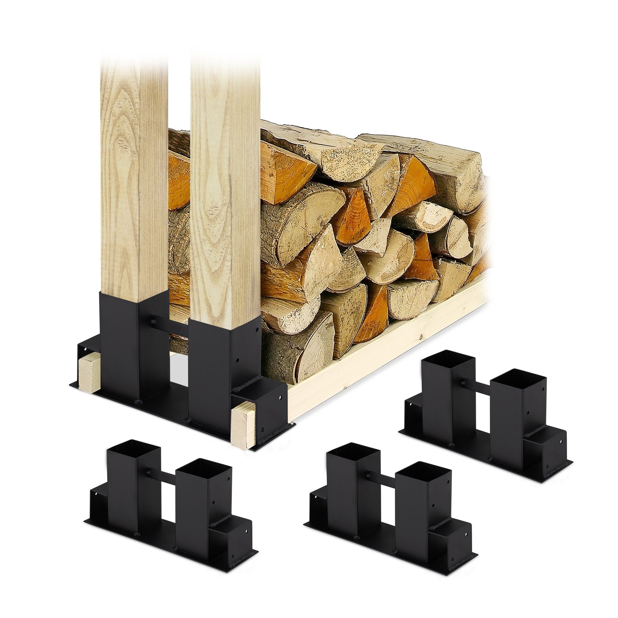 relaxdays Kaminholzregal Schwarze Holzstapelhilfe im 4er Set, BxTxH:34x10x1 günstig online kaufen